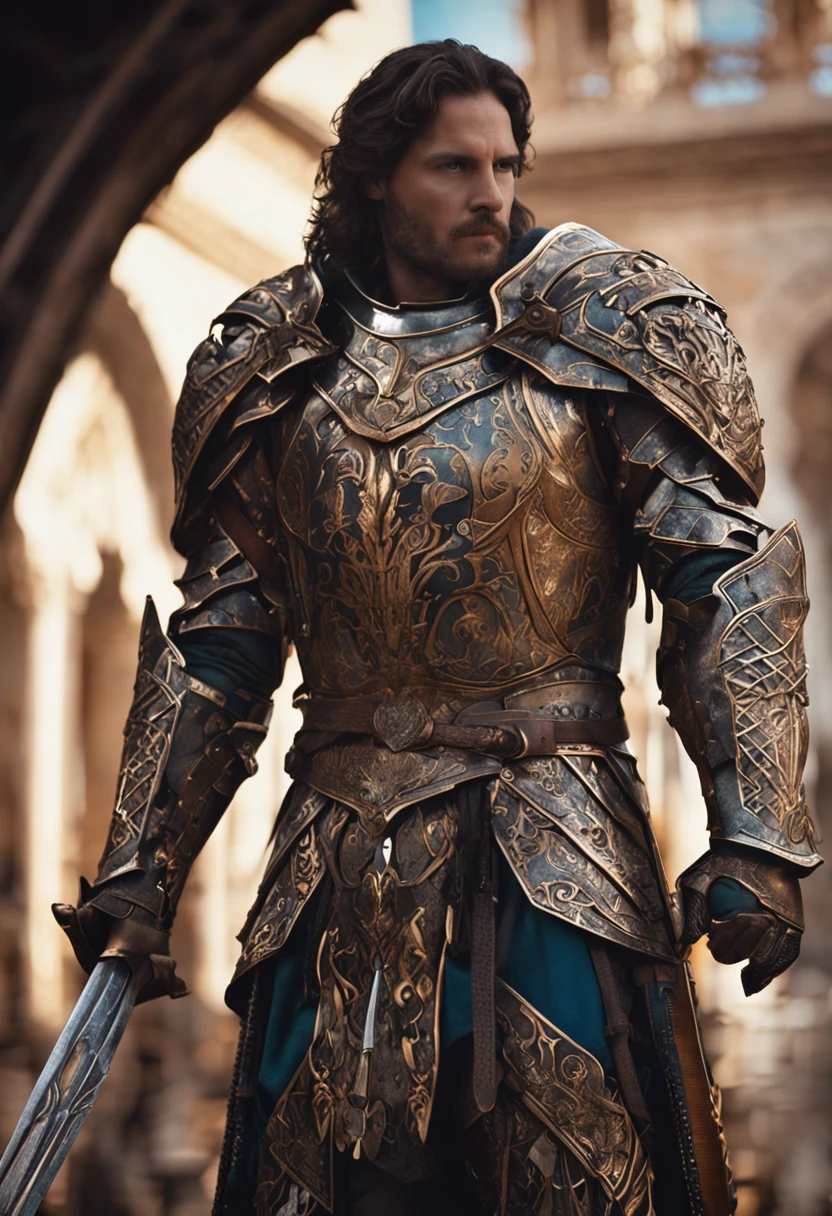 Royal Knights,Gorgeous heavy armor wraps the whole body,Point the Knight's Sword to the sky,sportrait,closeup cleavage,Solemn,flatchest,modest,humble,Cinematic, hdr, primitive, Intricate, High quality, Gorgeous shades, Intricate details, super-fine,oc rendered
