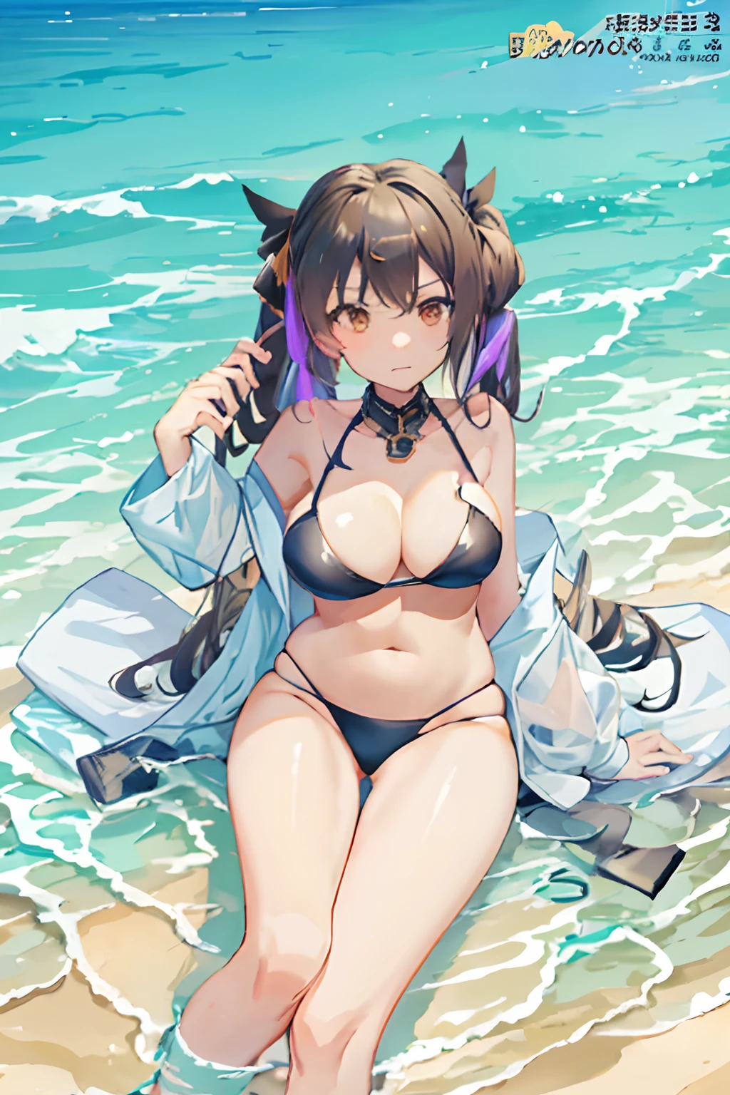 Anime character sitting on the beach against blue sky background, Kantai Collection Style, azur lane style, from the azur lane videogame, two beautiful anime girls, characters from azur lane, kancolle, Anime Girls, Fine details. girls' frontline, from girls frontline, bikini of + tattered military gear, wlop and sakimichan