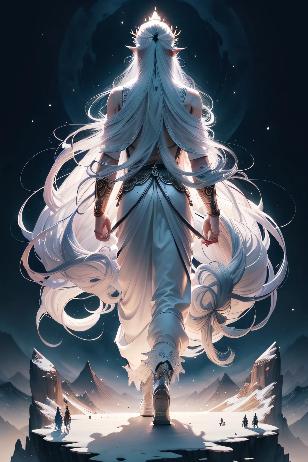 Immortal，male people，ink and watercolor painting，Dressed in white，Long flowing hair，Full of fairy，Stand against the mountains，There is Buddha light