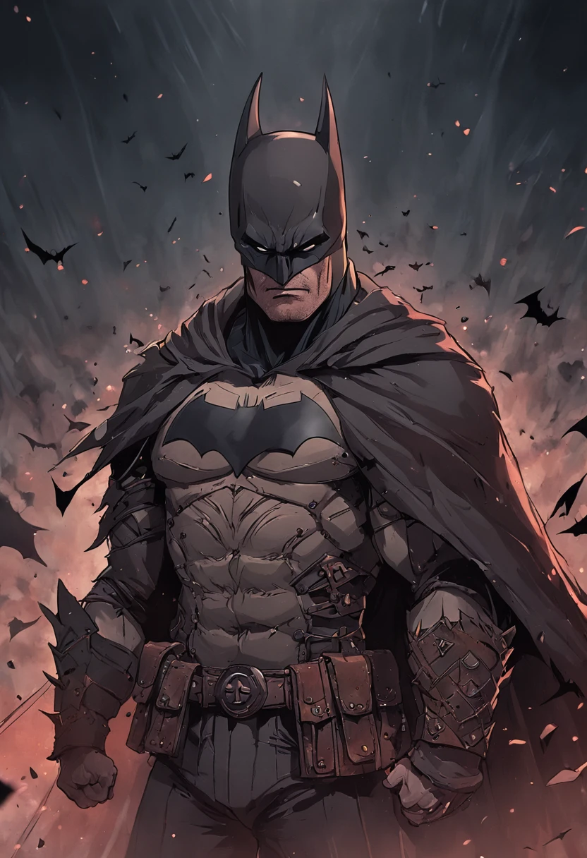 "Batman Viking com rosto do giurosa, Sorriso esquerdo, blood tears, sombrio, qualidade excepcional, multiple facial scars, Batman que ri, armadura viking das trevas, Gothic style."