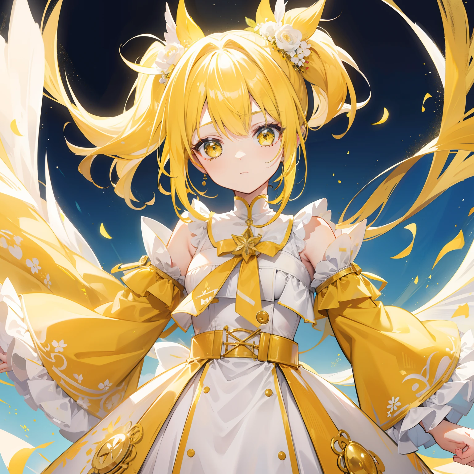 Bright yellowish hair,high ponytails,White and yellow clothes are decorated with gold accents,Cute and cute like a fairy