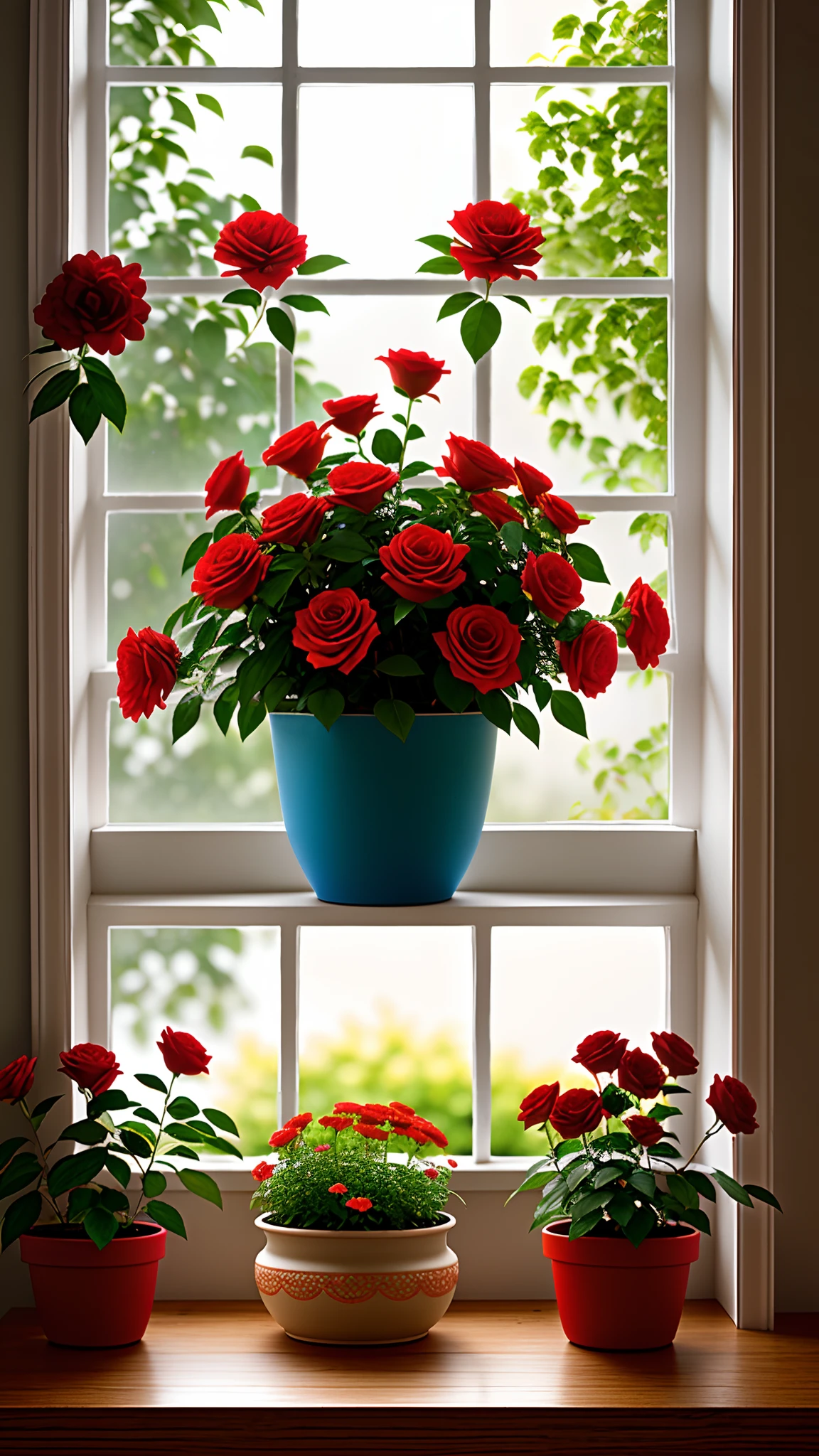 Clay pot, colorful roses, by the window, sunlight coming in, blank background, lots of details, high quality, 8k,