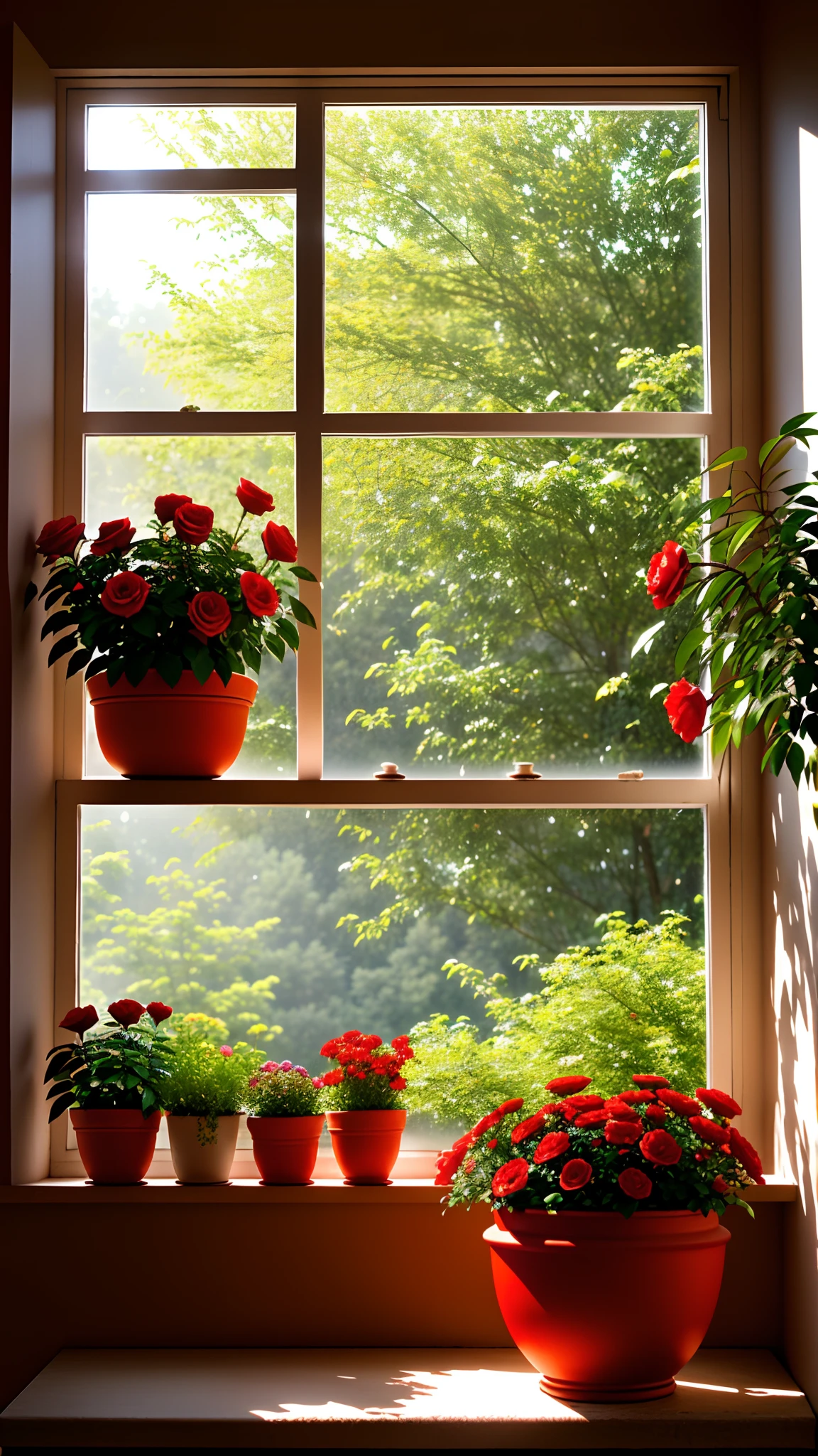 Clay pot, colorful roses, by the window, sunlight coming in, blank background, lots of details, high quality, 8k,