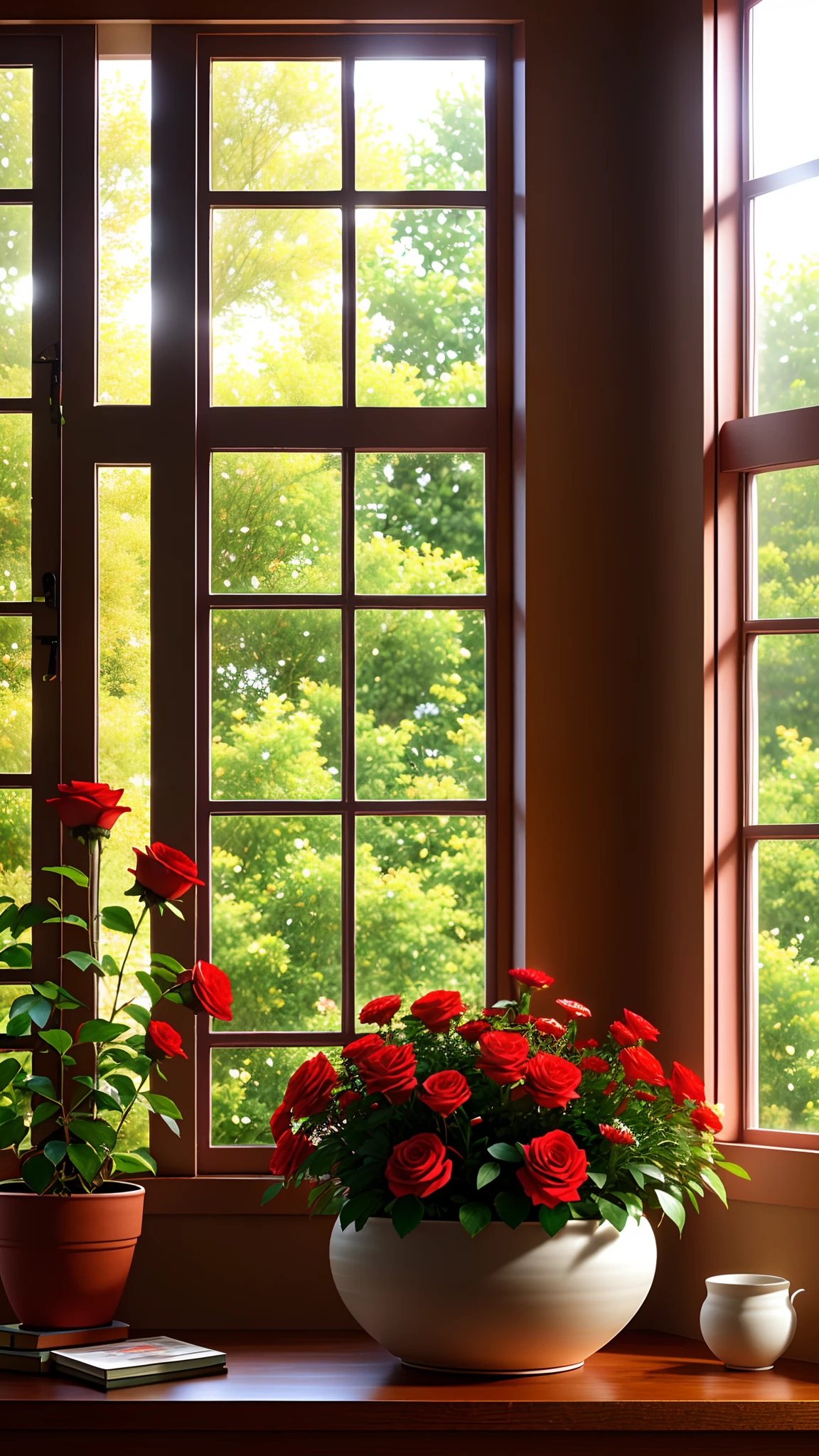 Clay pot, colorful roses, by the window, sunlight coming in, blank background, lots of details, high quality, 8k,