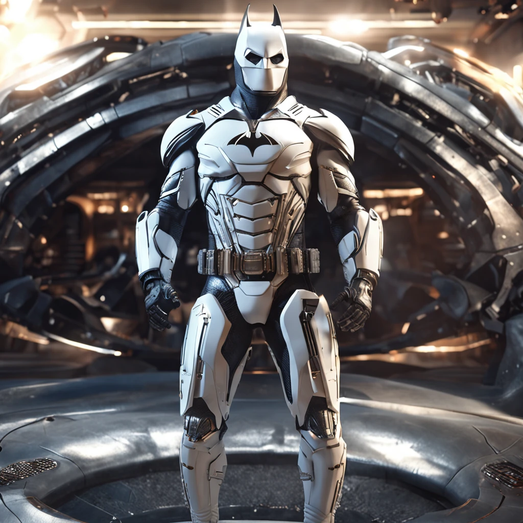 spectacular, Master parts, :The realistic White Batman focuses on the advanced cybernetic suit Orba Prima, high high quality ::n_Style drawing, Low-quality defects,