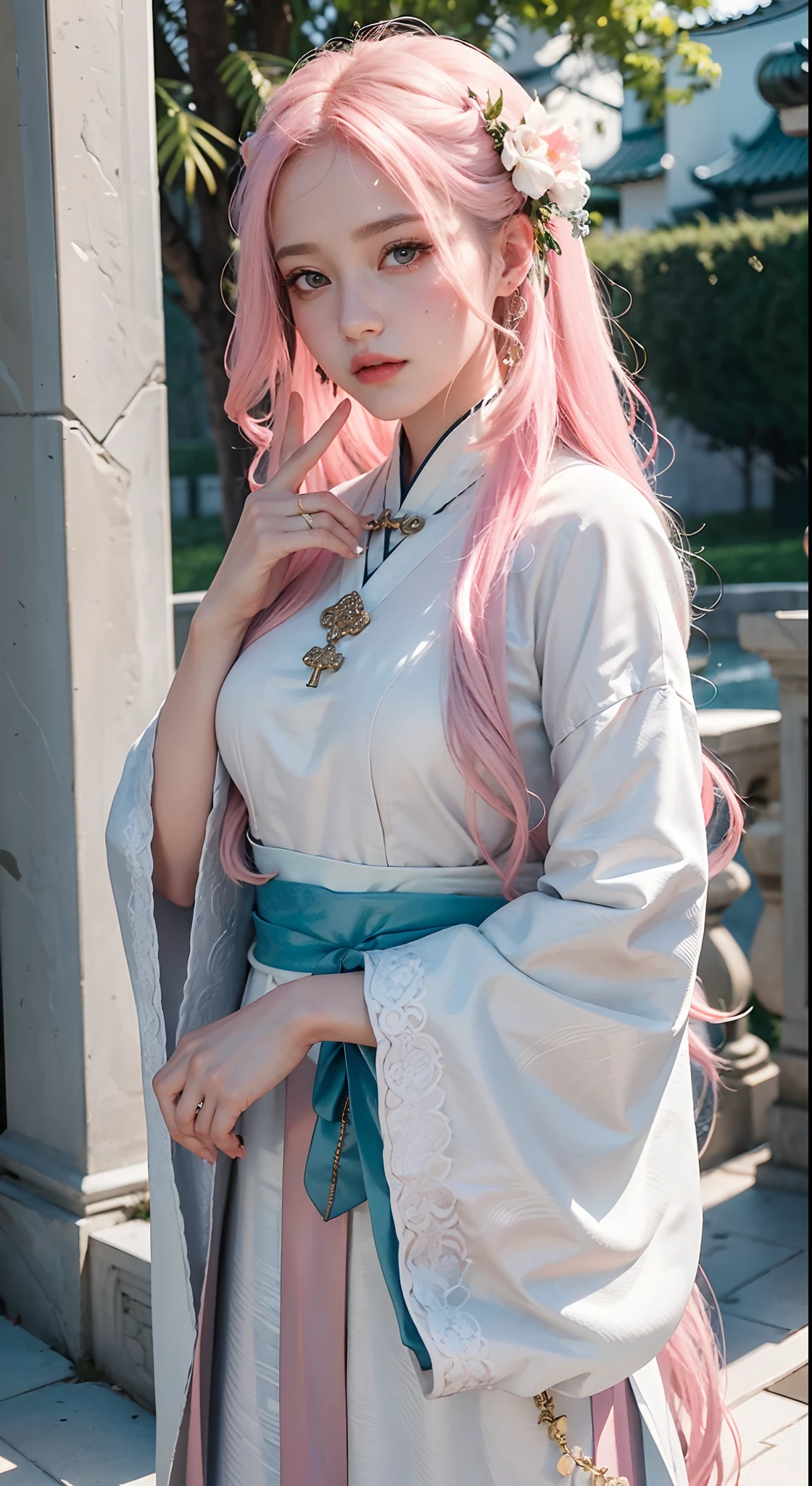 photorealistic, high resolution, 1women, shining skin, solo, tattoo, jewelry, pink lip, long hair, blue eye, closed mouth, hips up, kimono