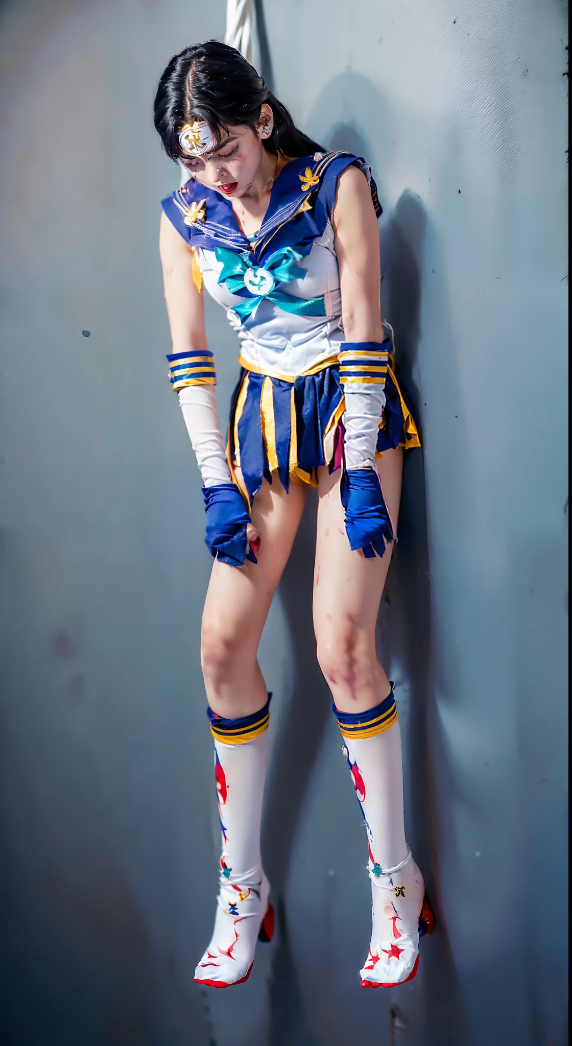 (((Sailor moon costumei)))、(((Sailor Mercury)))、(((moribund)))、(((Turning a blind eye)))、(((Hung)))、(((Suffering)))、(((Clothes are torn)))、((Make the most of the original image))、((It is violently destroyed))、(((dead body)))、(((Hanging)))、(((Weakness)))、((Bloody))、((Stockings are torn))、((Top image quality、8K))、The ultra -The high-definition