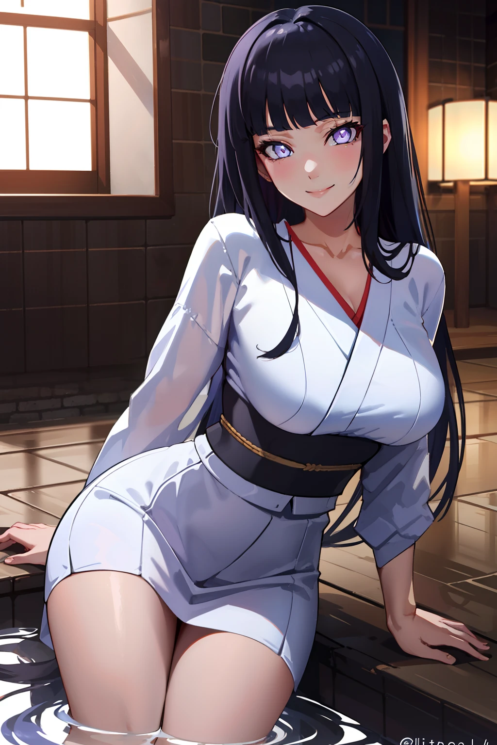 Beautiful， tmasterpiece， Best quality at best， Extremely detailed face， Perfect lighting，hyuga hyuga, 1girll, Solo, Long hair, view the viewer, Smile, Large breasts, Black hair, Purple eyes, Blunt bangs, White eyes, No Pupil, Be red in the face，1girll, clothes tug, skirt tug, dress tug, Bathhouse, Partially submerged, White kimono,, Masterpiece, Best quality, Highly detailed