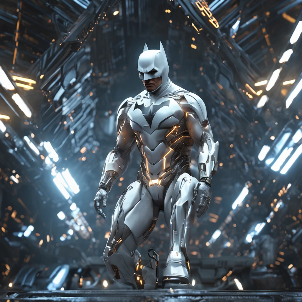 :Realistic white Batman focus on an advanced cybernetic masterpiece suit, cinematico, aerodinamico, alta qualidade ::n_desenho de estilo, Low-quality imperfection, boneco, game, anime
