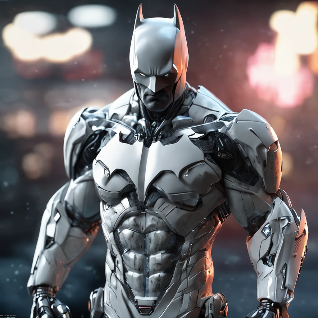 :Realistic white Batman focus on an advanced cybernetic masterpiece suit, cinematico, aerodinamico, alta qualidade ::n_desenho de estilo, Low-quality imperfection, boneco, game, anime