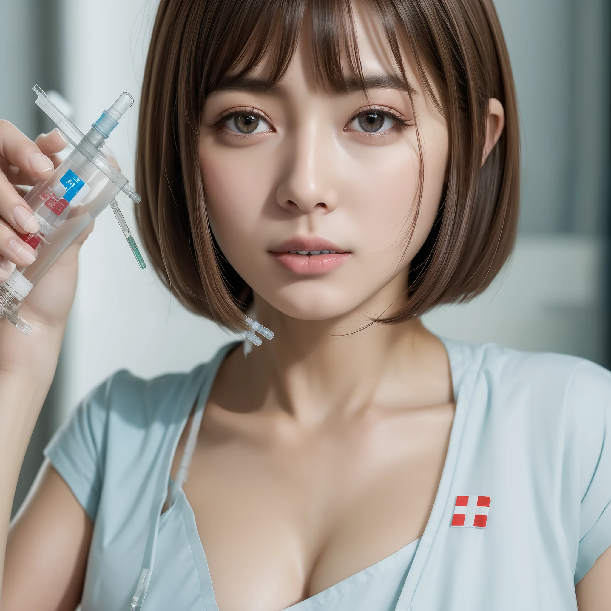 ((nurse、syringes、top-quality、8k、masterpiece:1.3))、foco nítido:1.2、Beautiful woman with perfect body:1.4、slim abdomen:1.2、((Layered Haircut、huge tit:1.2))、(Small and beautiful hard nipple) Highly detailed facial and skin texture、 A detailed eye、二重まぶた、Syringe pointing upwards
