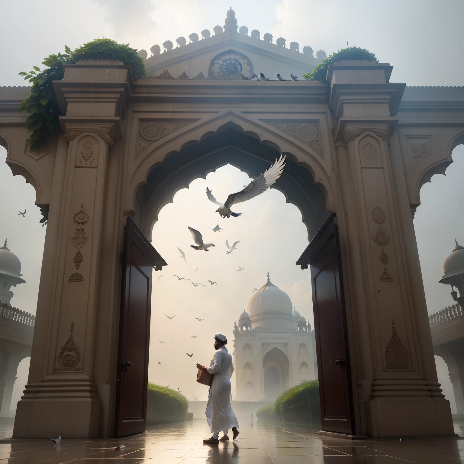 Mumbai Gate of India flying in pigeon raining weather