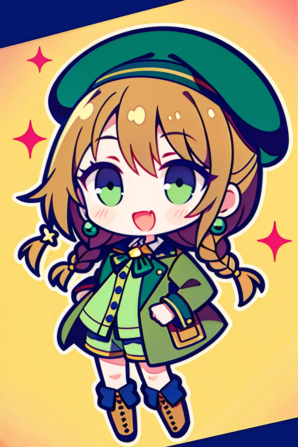 (Perfect picture quality:1.1),(Masterpiece:1.1),(High quality:1.1),1 girl, A woman in a green coat and boots, Clear clothing，Wears a brown berets，The beret has the word Wen Xun on it，The sideburns are braided and coiled，The cuff cuffs are trimmed，Light green hair，brown shorts，The earrings are designed for the pages，The neckline is a jewel and saliva towel formal design,