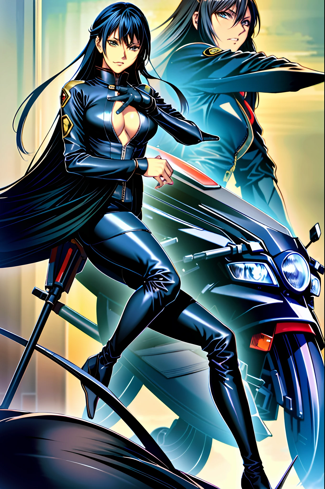 A woman in a black leather suit sitting on an anime book cover on a motorcycle, otomo, Leiji Matsumoto, otomo manga, author:Shiroro Masamune, style of masamune shirow, rei hiroe black lagoon manga, author:Katsuhiro Otomo, author:Takeshi Obata, hajime sorayama designed girl