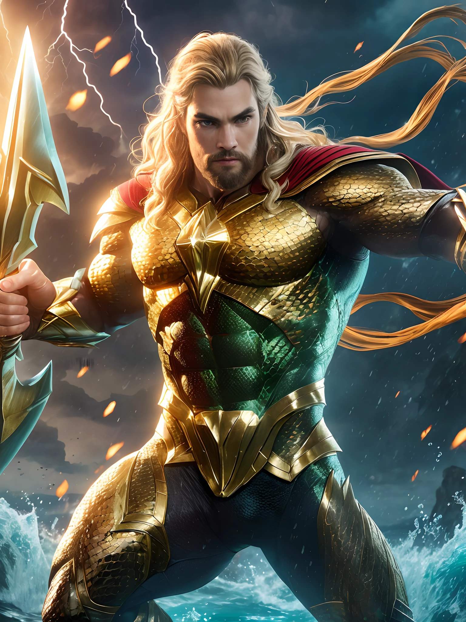 (16k, RAW photo, best quality, masterpiece: 1.2), ultra-detailed, formal art, photorealism: 1.37, upper body photo, Man actor Will smthi o""40 years DC Aquaman, film grain, action pose