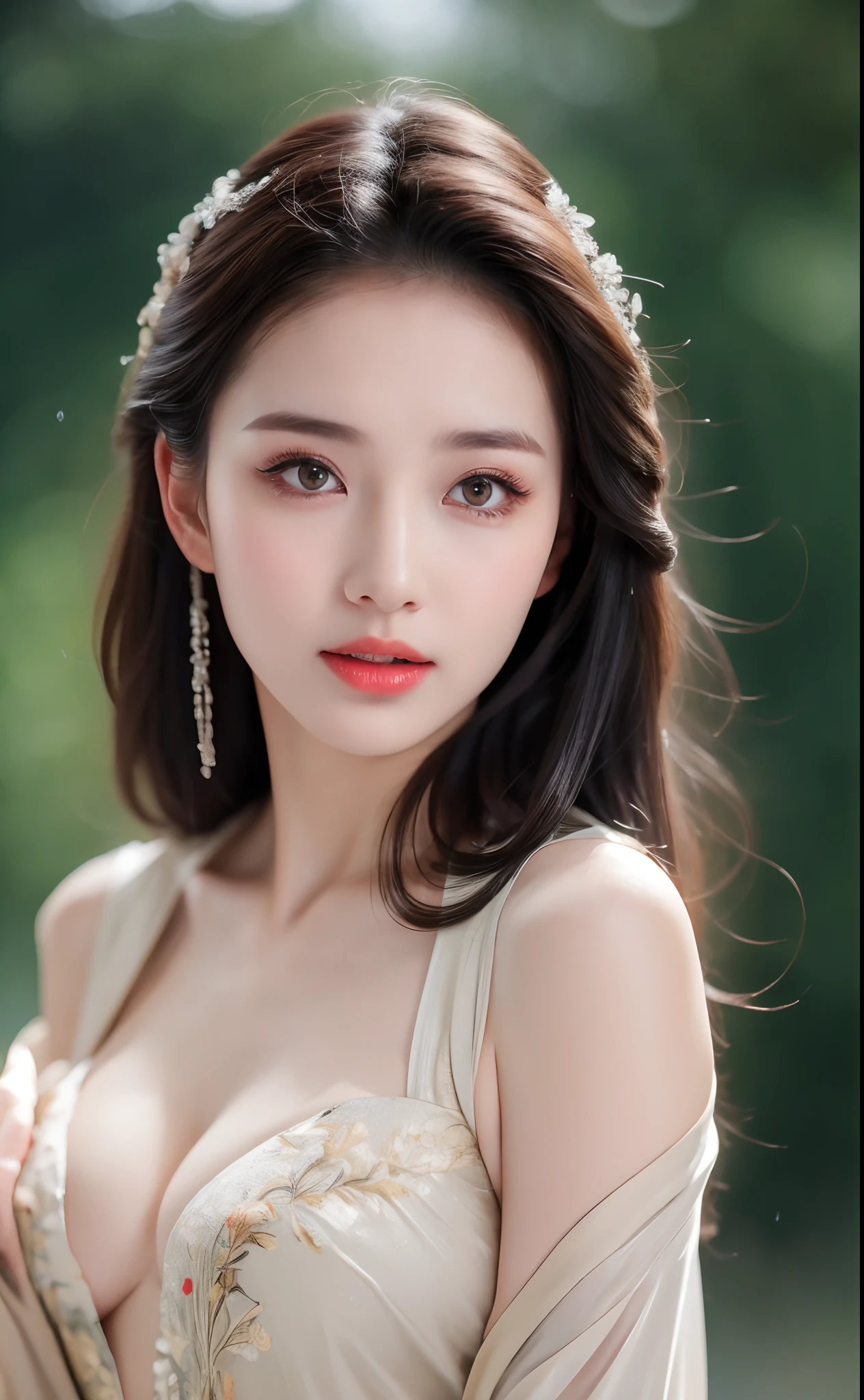 ((Best Quality, 8k, Masterpiece: 1.3)), Focus: 1.2, Perfect Body Beauty: 1.4, Buttocks: 1.2, ((Layered Haircut)), (Wet Clothes: 1.1), (Rain, Street:1.3), (Breasts: 1.2), (Hanfu: 1.2), Bare Shoulders, Bare Legs, Highly Detailed Face and Skin Texture, Fine Eyes, Double Eyelids, Whitened Skin, Long Hair, (Shut Up: 1.5), (Bokeh Background: 1.5), Big Breasts