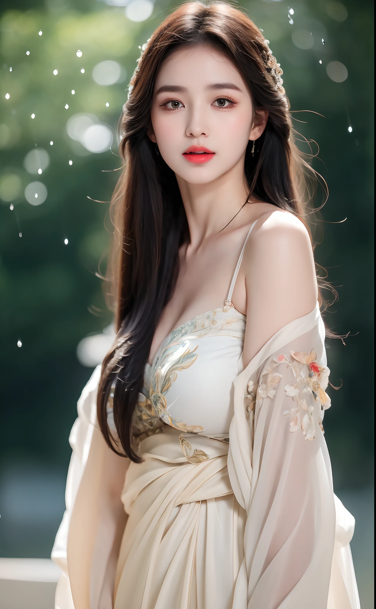 ((Best Quality, 8k, Masterpiece: 1.3)), Focus: 1.2, Perfect Body Beauty: 1.4, Buttocks: 1.2, ((Layered Haircut)), (Wet Clothes: 1.1), (Rain, Street:1.3), (Breasts: 1.2), (Hanfu: 1.2), Bare Shoulders, Bare Legs, Highly Detailed Face and Skin Texture, Fine Eyes, Double Eyelids, Whitened Skin, Long Hair, (Shut Up: 1.5), (Bokeh Background: 1.5), Big Breasts