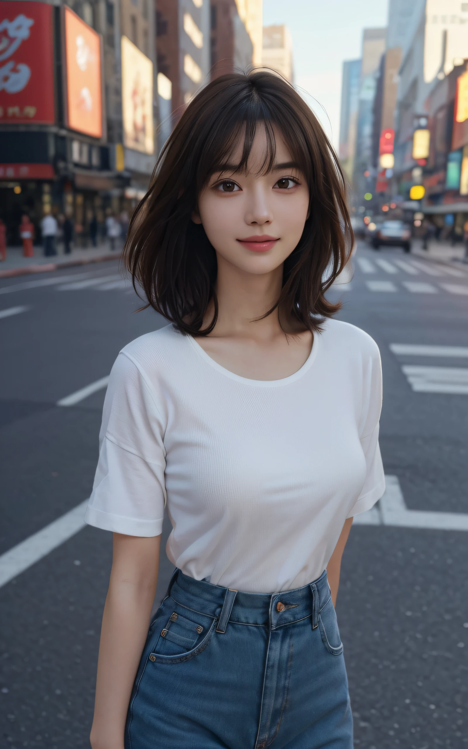 masutepiece, The highest image quality, High quality, Beautiful japanese girl, Cute, Gravure Idol Figure, Detailed, Detailed eyes, Detailed skin, Beautiful skin, Ultra High Resolution, (reality: 1.4),Very beautiful, Slightly younger face, Beautiful skin, slender, (A hyper-realistic), (hight resolution), (8K), (Very detailed) (beautifully detailed eyes), (super detailed), (Wallpaper), (Detailed face), Looking at Viewer, Fine details, Detailed face, Smiling, T-shirt, Pants, Looking straight ahead, Looking straight ahead, angle from waist up, photos realistic, Bright lighting, Professional Lighting, Mature Woman, (Brown hair, Bob Hair, layers-Cut, Swaying in the wind, Bangs), Broadway, New York