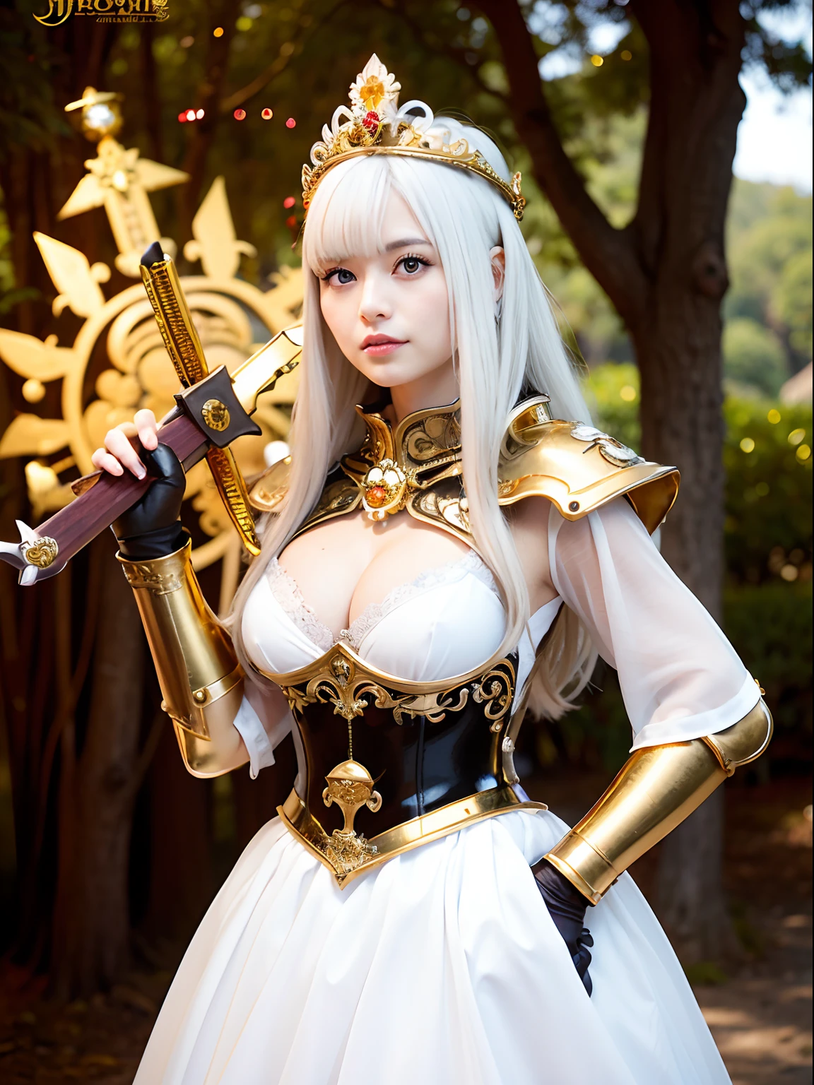(masutepiece), Professional , ​masterpiece、top-quality、photos realistic , depth of fields （Gemstone Silver Metal Body:1.９),(Matte White、Jewel Gold Weapon（Jewel Metal Body:1.４),Gorgeous metal weapons , Detailed Sword of the Brave , Beautiful knife   ,warhammer 40k , adepta sororitas,Detail and ornate jewel crown、Golden hair、Gangle's forest background、Beautiful Caucasian beauty、１a person、dynamic ungle,(((Detailed and ornate diamond crown)))、Smaller head、A smile、Background inside the castle、Thin and beautiful female hands、cleavage of the breast、Soldier in iron armor on background、Soldier in iron armor on background、Mystical expression、Light Effects、