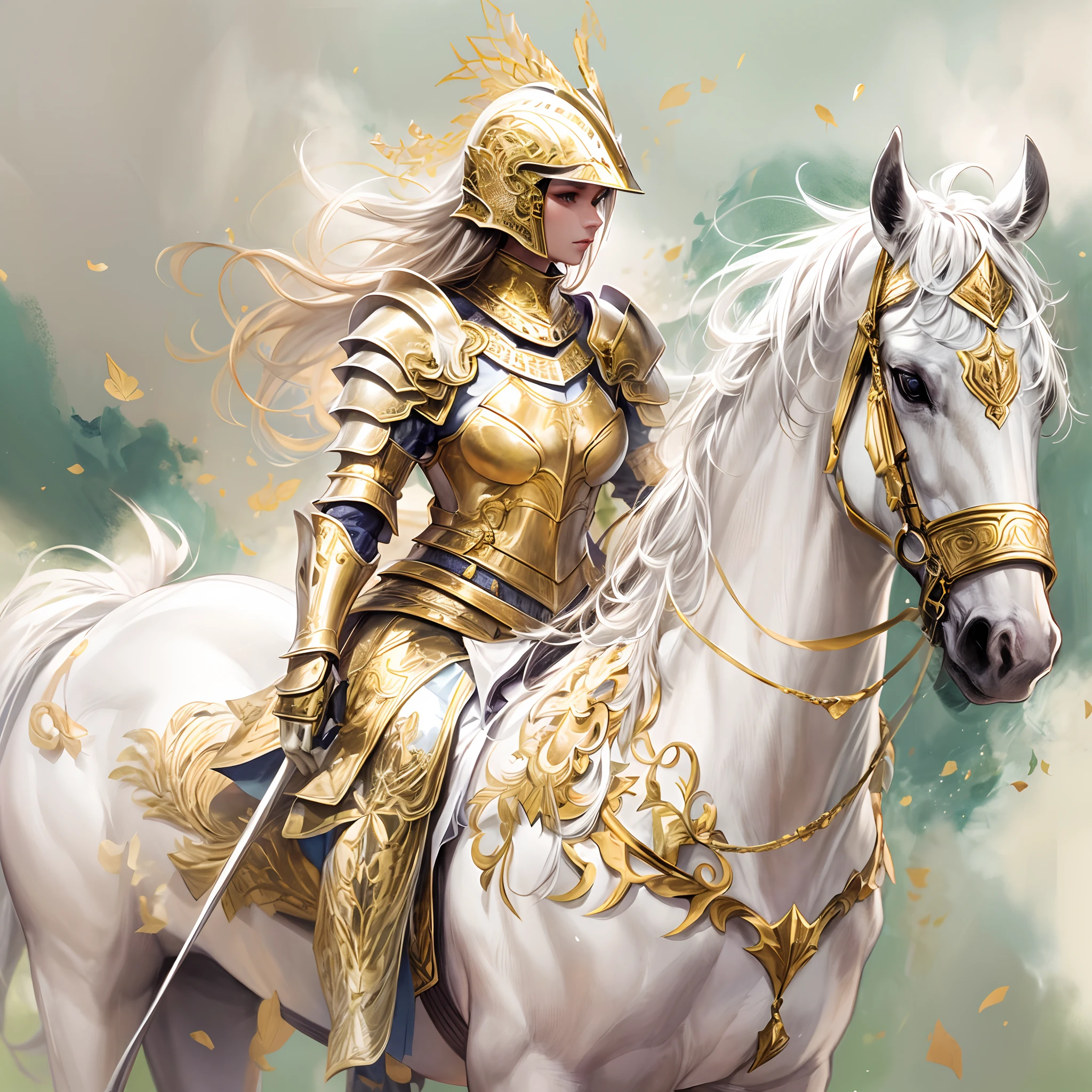 1 Female knight，Ride a white horse,anatomy correct, (Exquisite helmet)，Gold armor，Delicate pattern，Oriental elements，Ink painting style, Clean colors,gold space, Soft lighting, ( Bokeh)，Masterpiece, Super detailed, Epic composition, Highest quality, 4K，