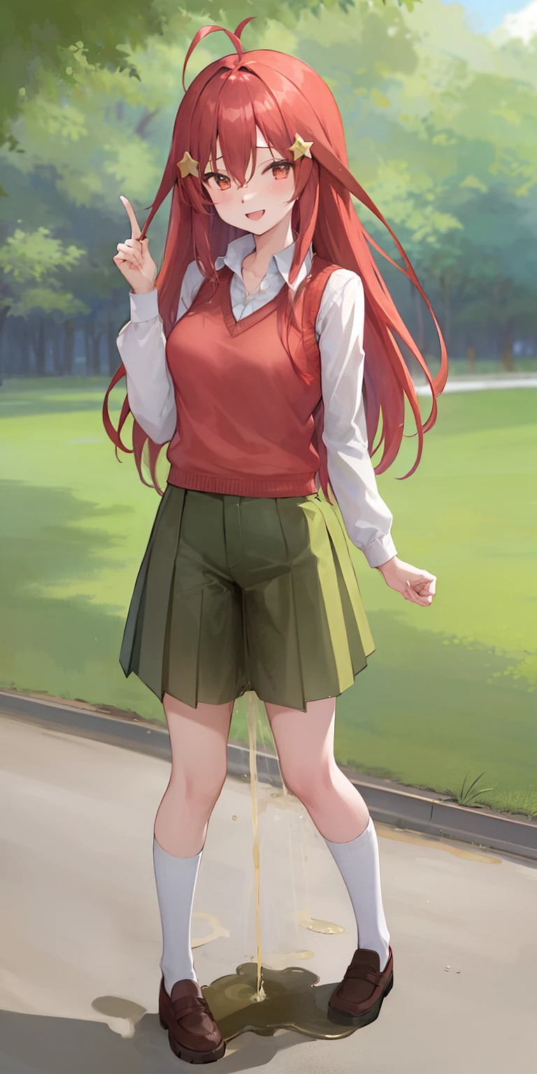 2d, masterpiece, best quality, anime, highly detailed, 1girl, solo, cowboy shot, nakano itsuki, red hair, long hair, star hair ornament, ahoge, red sweater, collared shirt, green skirt, miniskirt, medium breasts, standing, school, outdoors, smile, standing, fullbody, peeing self, peeing girl, pee stain, pee stream, dirty skirt, wetting, puddle of pee