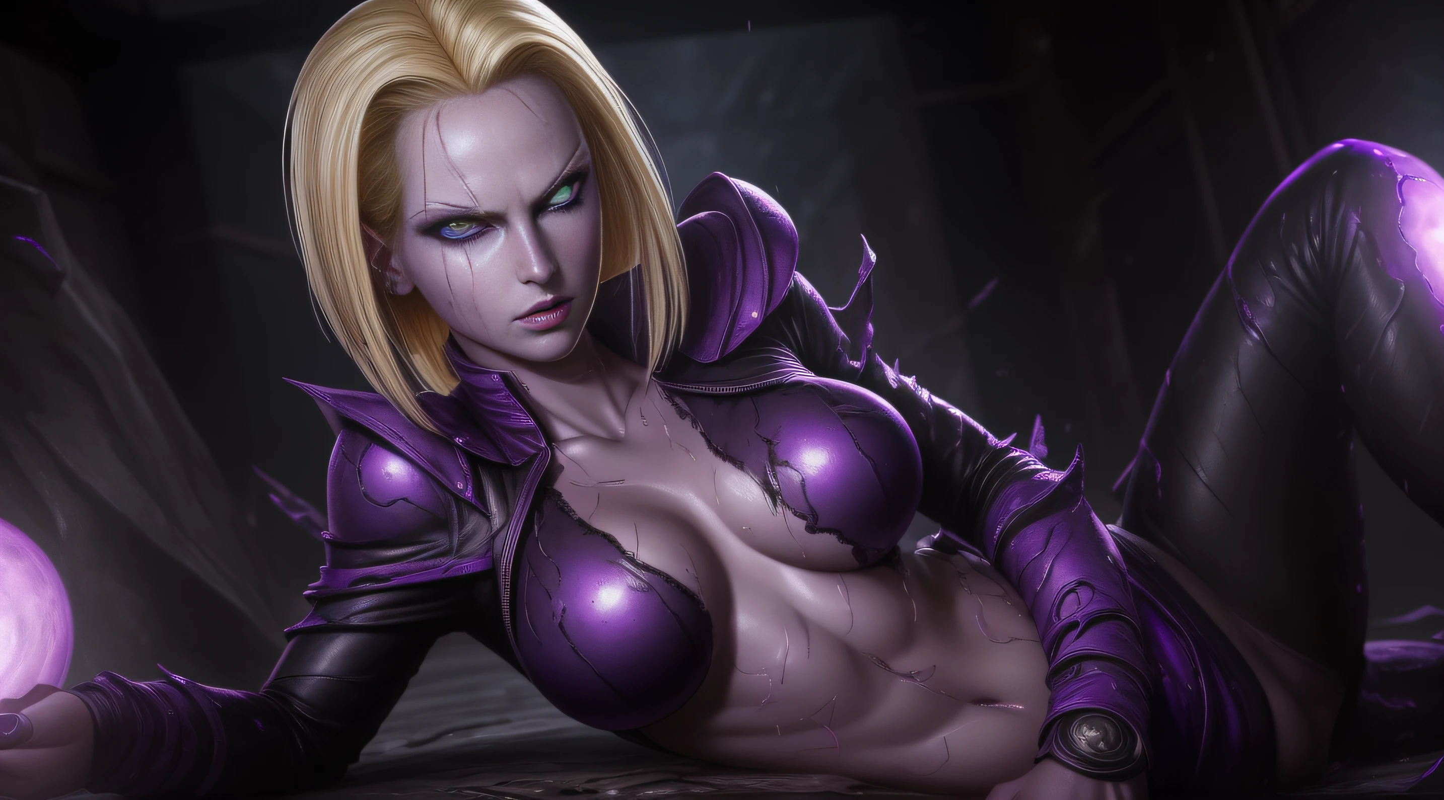 sexy android 18, Glow, seductive, glowing purple eyes , sexy , (ultra photorealistic:1.3), (masterpiece:1.4), best quality, ((realistic)), high quality, ultra detailed, ((real image)), ((realistic skin)), ((realistic face)),(illustration:1.05), (beautiful:1.05), (beautiful detailed eyes:1.05), (cinematic light:1.1), Extremely realistic , evil , wet ,corrupted , black veins ,parasites , dark energy , swarm, hive ,