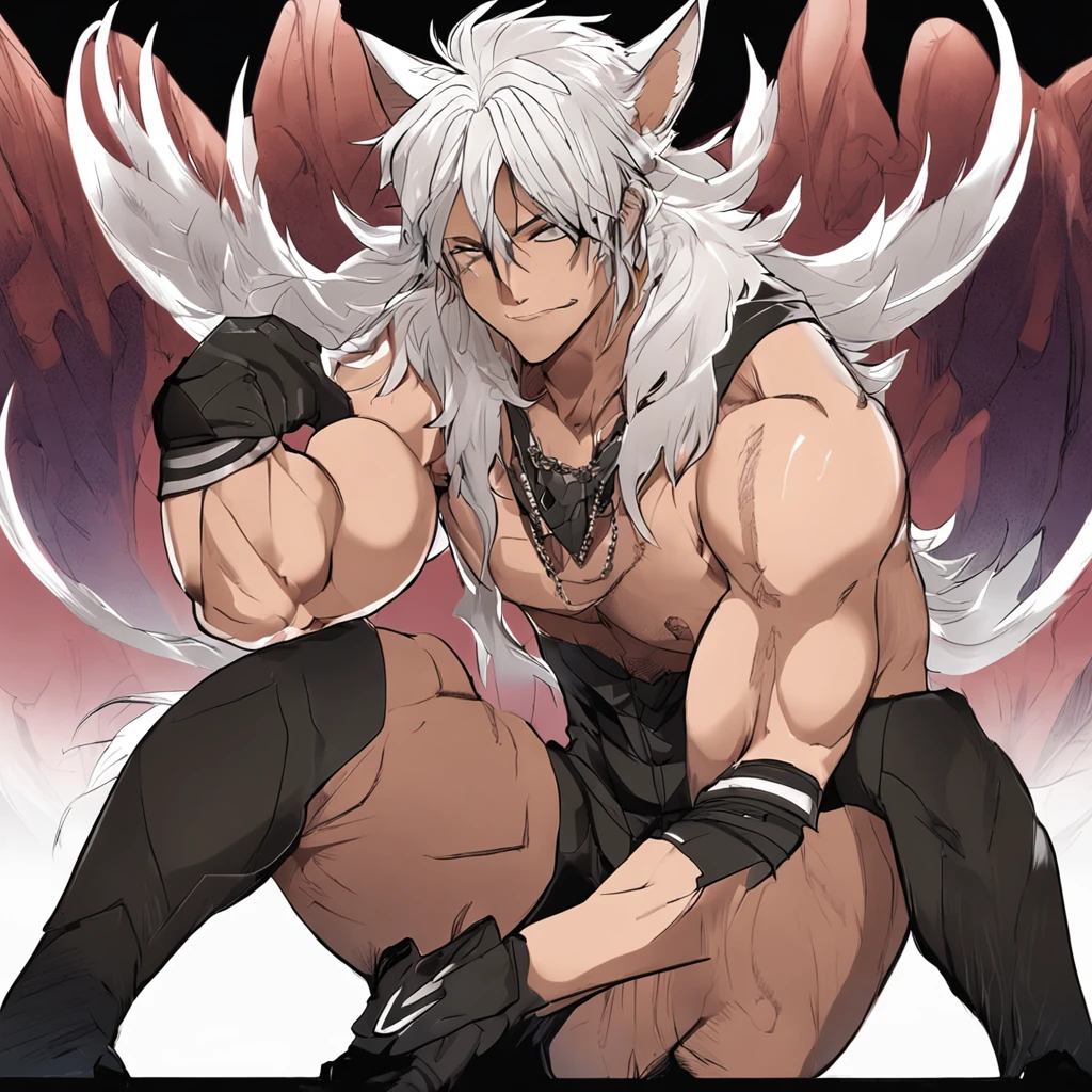 Muscular male wearing panties and thigh high socks, has flowing white hair, has wolf ears, has wolf tail, wearing lingerie