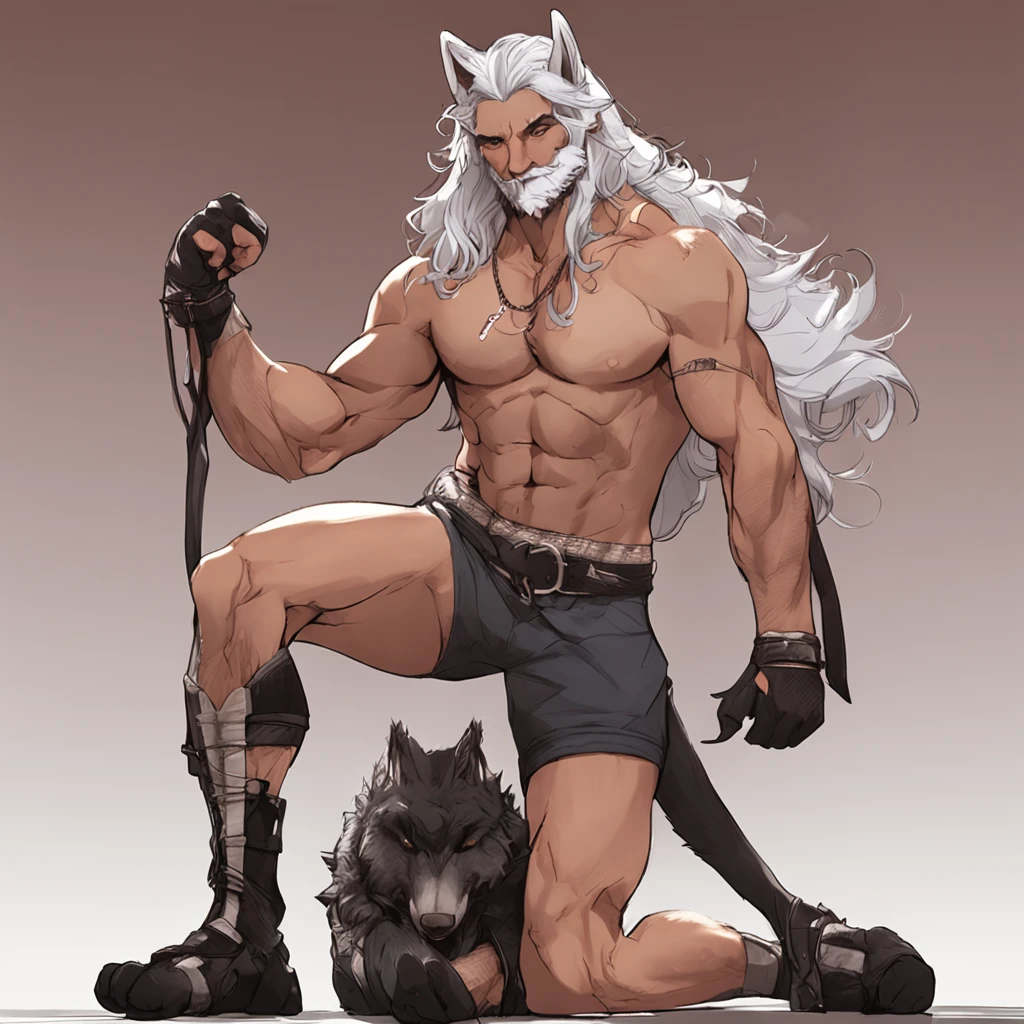 Muscular male wearing panties and thigh high socks, has flowing white hair, has wolf ears, has wolf tail, wearing lingerie