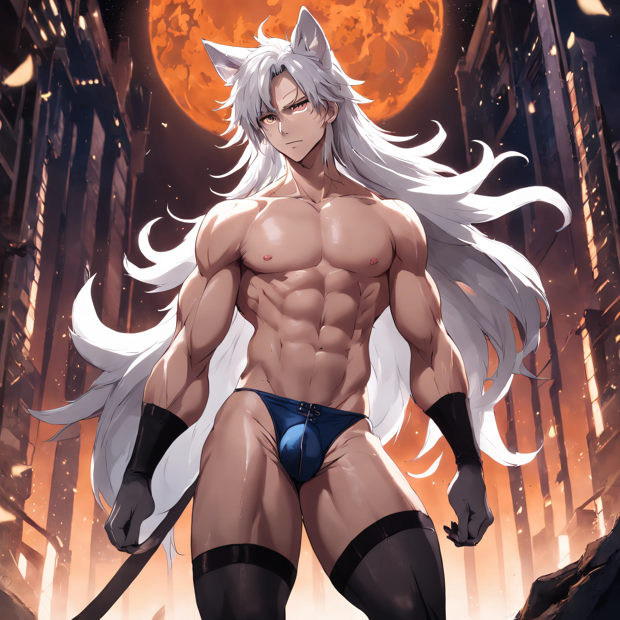 Muscular male wearing panties and thigh high socks, has flowing white hair, has wolf ears, has wolf tail, wearing lingerie
