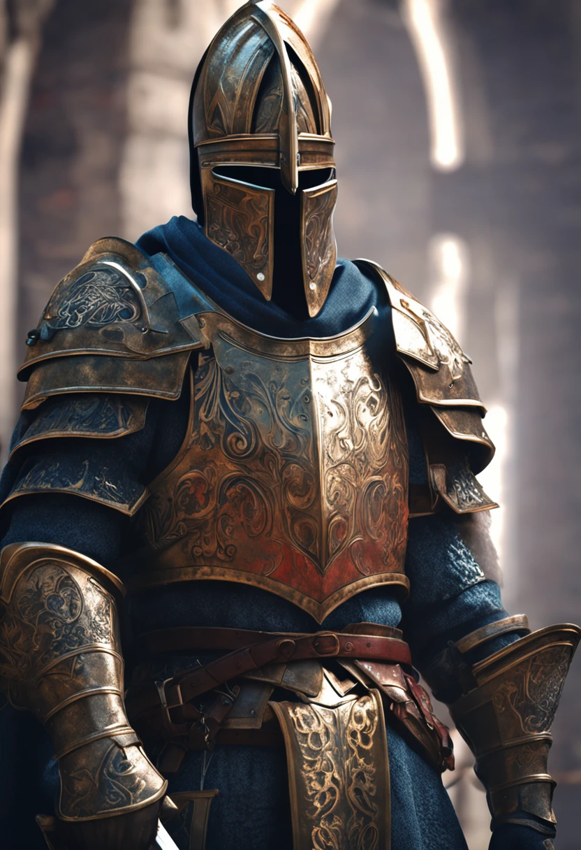 Royal Knights，Gorgeous heavy armor wraps the whole body，Tall and mighty，Point the Knight's Sword to the ground，sportrait，closeup cleavage，Solemn，flatchest，modest，humble，Cinematic, hdr, primitive, Intricate, High quality, Gorgeous shades, Intricate details, super-fine，oc rendered