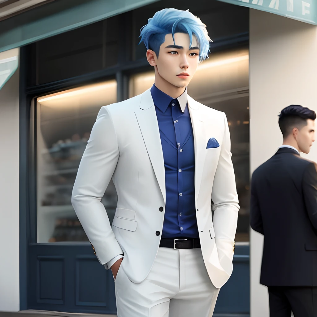 Fair, short blue hair, male white suit