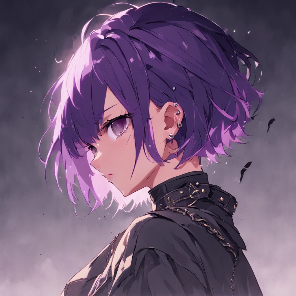 female with short shaved purple hair, villain, wearing casual desert punk clothing, has lower lip stud piercings, muscular, abs visible, wearing metal collar, has muscled, wearing black lipstick, amazonian, has large muscles, solo, alone, flexing