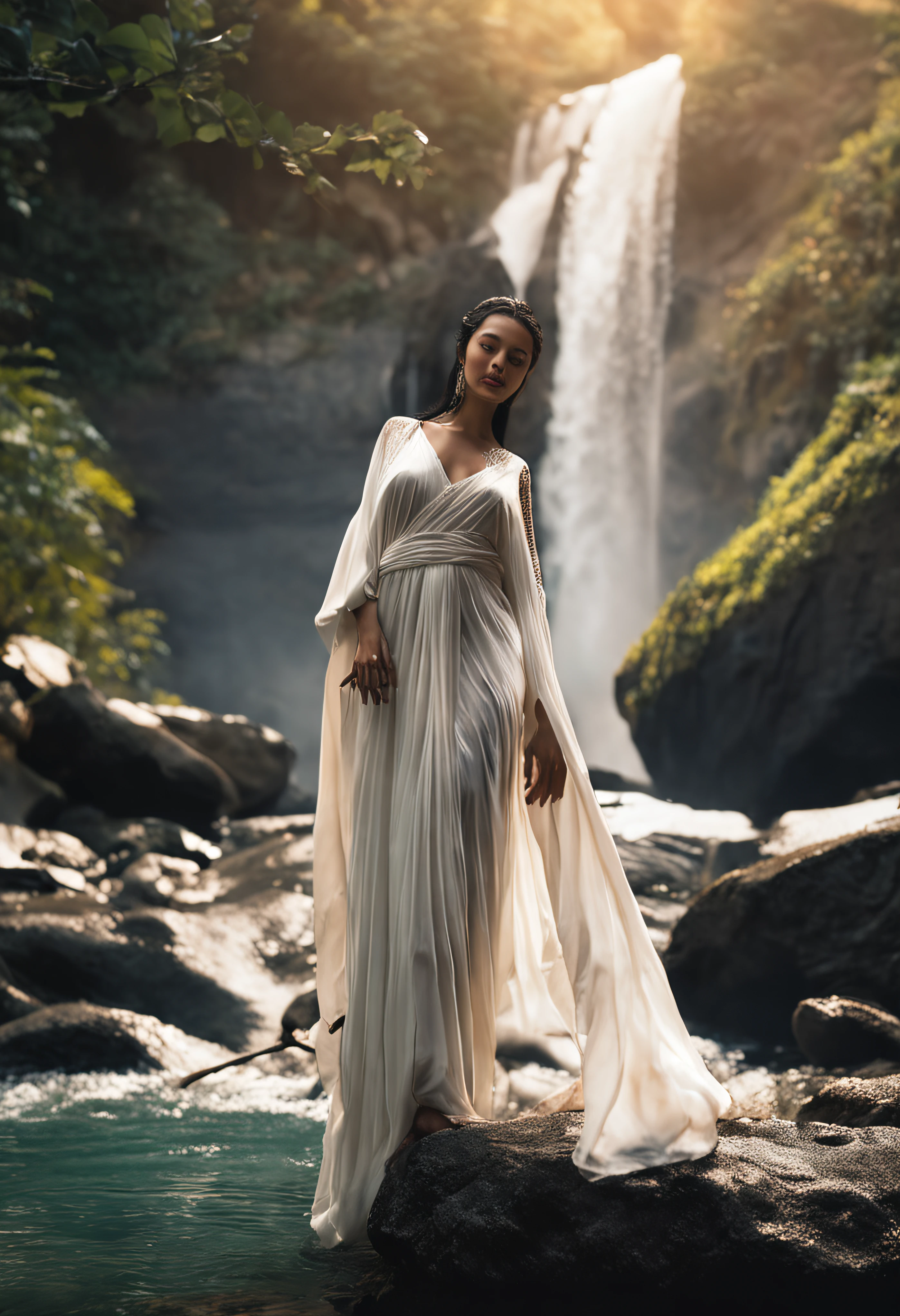 Realistic girl with black hair in a waterfall in is with white long hanfu. Ela tem um par de asas brancas nas costas que se refletem a luz do sol, com um sorriso timidamente como se fosse um segredo.
