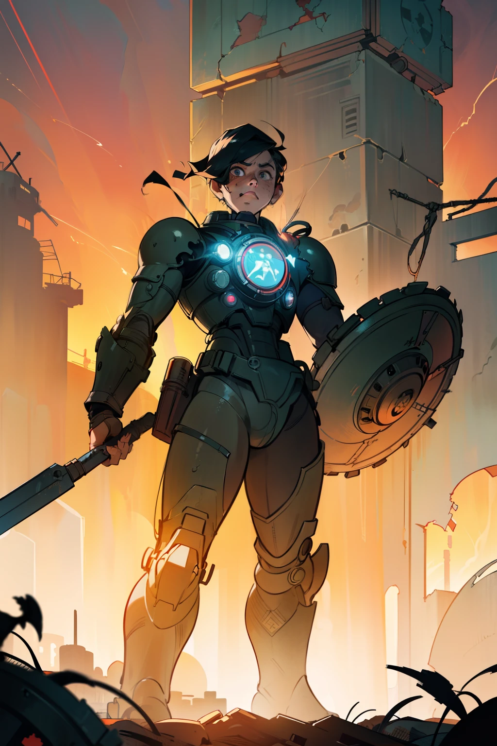 A-Zovya RPG Artist Tools((Fallout-style)), ((anime-style)), ((detailed)), ((masterpiece)), (realistic), (servo armor), (black hair), (black eyes), (human male), (religious design), (large shield), (inspired by Fallout 4), (no helmet), (city ruins), (barricade), (safe zone), (headquarters), (courtyard), (cinematic lighting), (action pose), (ruined cityscape), (post-apocalyptic atmosphere), (emotional depth), (2D illustration), (dramatic shadows), (intense color palette), (narrative storytelling), (contrast and sharpness), (epic feel), (stylized ruins), (powerful stance), (radiation glow), (dynamic composition), (8k resolution), (hand-drawn), (humanity's struggle), (anime-inspired characters), (intricate details), (clashing factions), (desperation in eyes), (Fallout 4 aesthetic), (religious symbolism), (strategic barricade), (overgrown vegetation), (windswept debris), (command center), (hope amidst chaos), (visual storytelling).