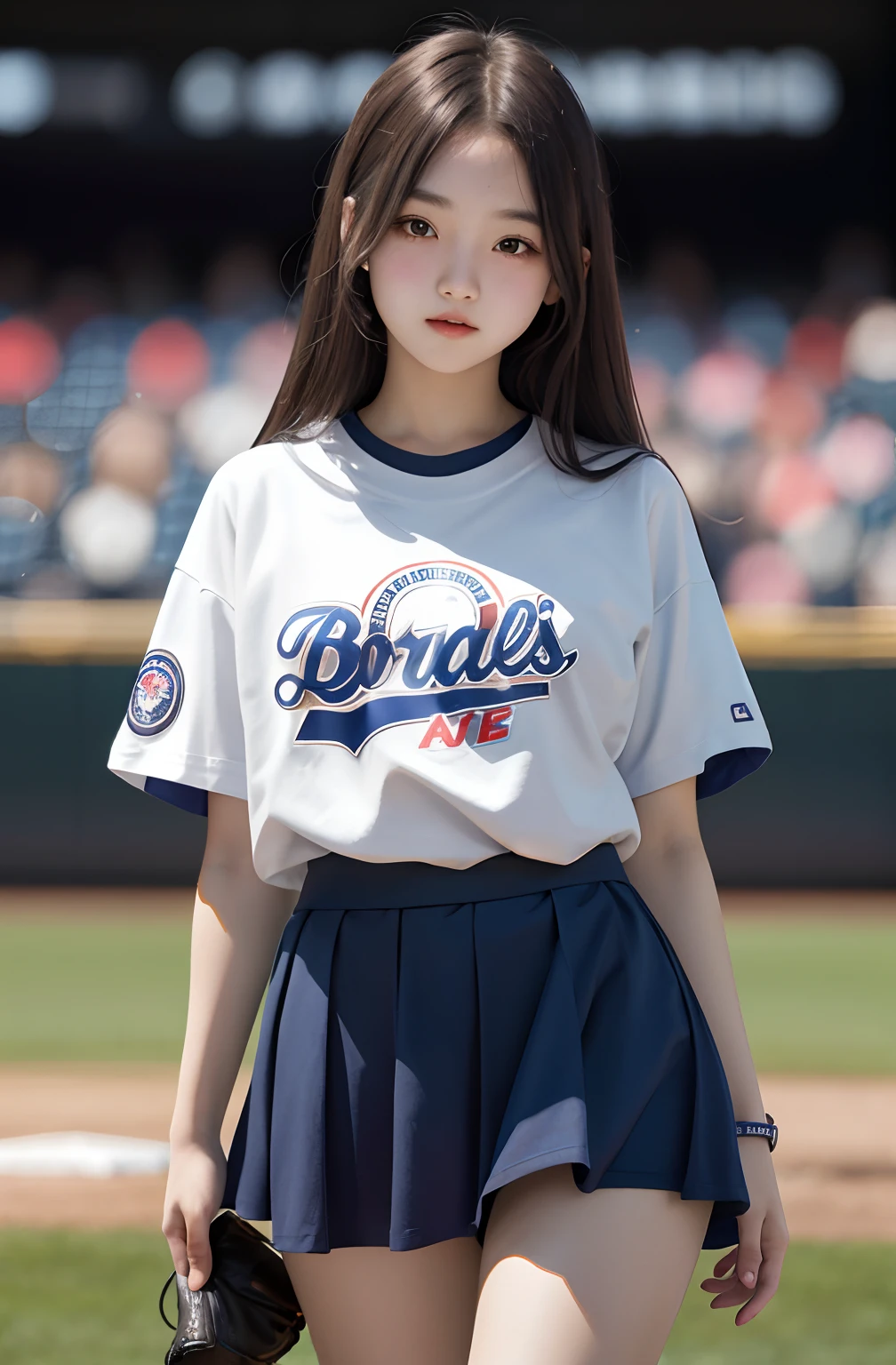 1girl, cute, , sexual expression, look at viewer, baseball tshirt oversize ,short skirt, photo, realistic, best quality, hires, detailed face, detailed background, diffused lighting, depth of field, bokeh,