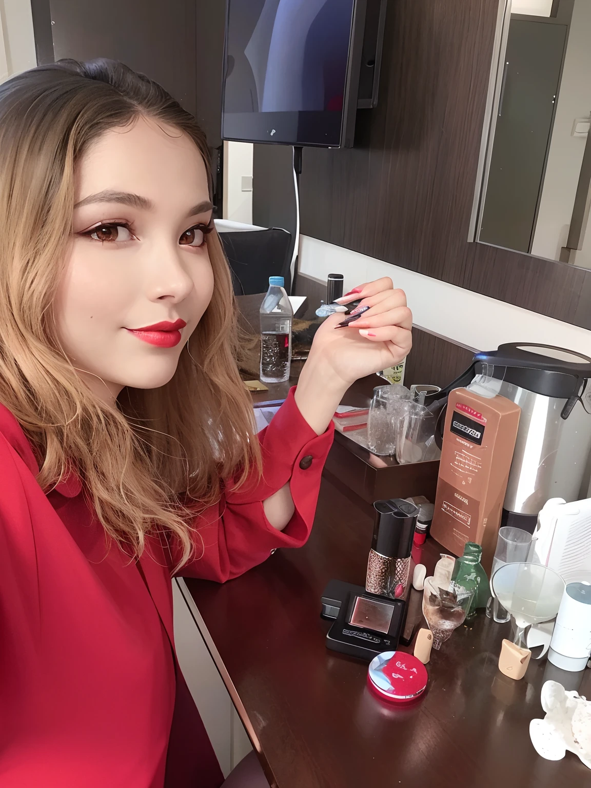 there is a woman sitting at a table with a bottle of liquid, with professional makeup, putting makeup on, profile pic, vibrent red lipstick, with accurate face, shot on canon camera, taken with a canon dslr camera, full makup, in small room, pretty face!!, with shiny skin, selfie, posing!!, # myportfolio, hard lighting!