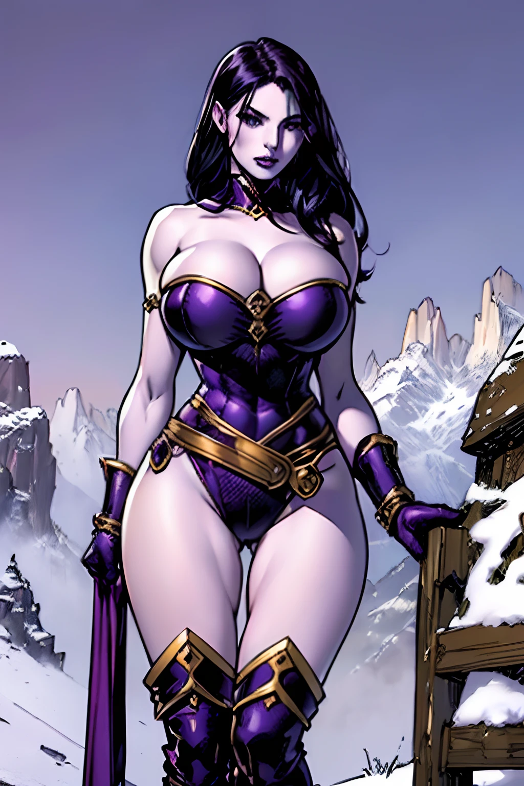 (masterpiece, top quality, best quality, official art, beautiful and aesthetic:1.2), (1girl:1.3), ((long black hair)), (((pale purple skin, pale blue skin, blue skin, purple skin))), extremely detailed, portrait, looking at viewer, solo, (full body:0.6), detailed background, close up, (cold night mountain theme:1.1), dark elf war dancer, charlatan, smirk, mysterious, swaying in mountains, skimpy attire, revealing gladiatrix costume, gold bikini, cowl, metal bikini, long boots, dual knives, violet fabric, black leather, ((gigantic breasts, cleavage, skindentation)), slim waist, slim hips, long legs, medieval (mountain exterior:1.1) background, dark mysterious lighting, shadows, magical atmosphere, dutch angle