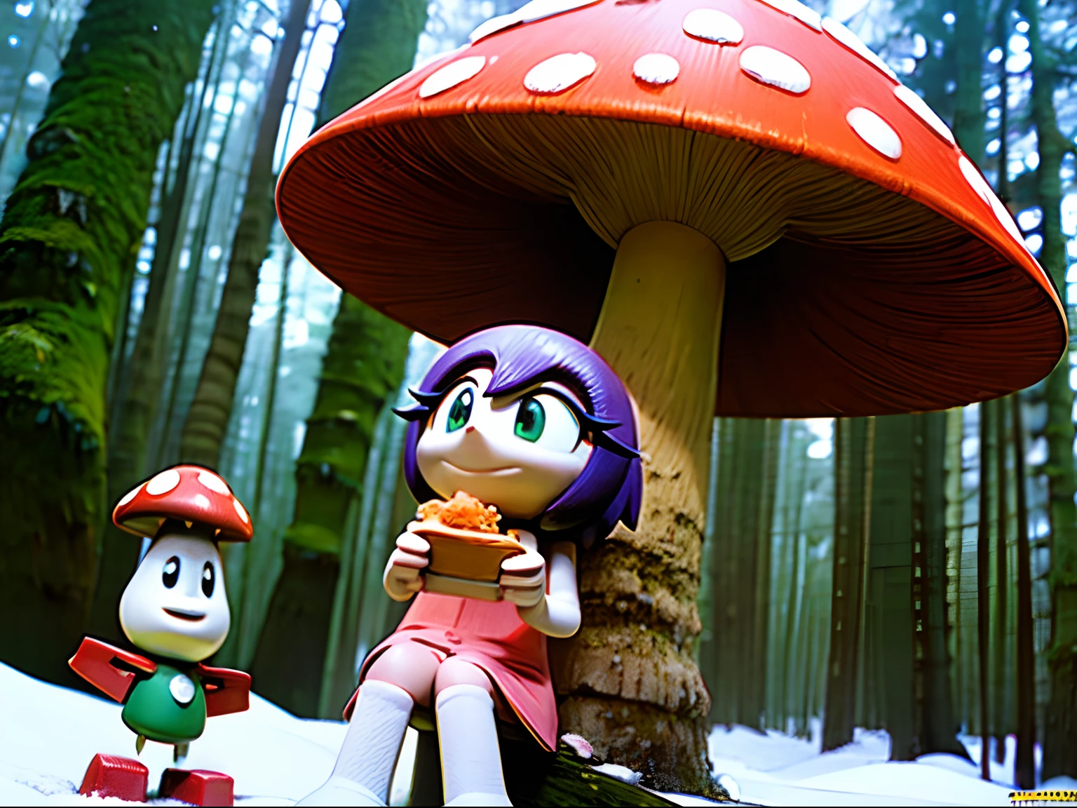 (Masterpiece, best picture quality, HD wallpaper), the beautiful girl and her sister are sitting in a mushroom forest, frontage, from below, eating lunch, winter, snow,god ray, naked