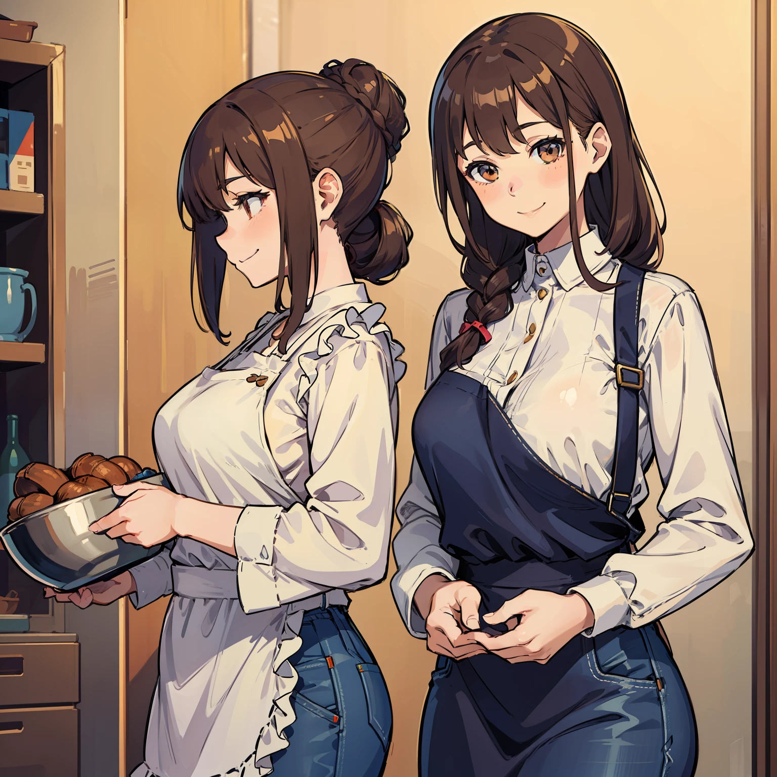 Her warm smile. Her long, chestnut brown hair is elegantly styled in a loose updo. She effortlessly dons a comfortable and chic outfit consisting of a simple blouse, jeans, and an apron. large breasts