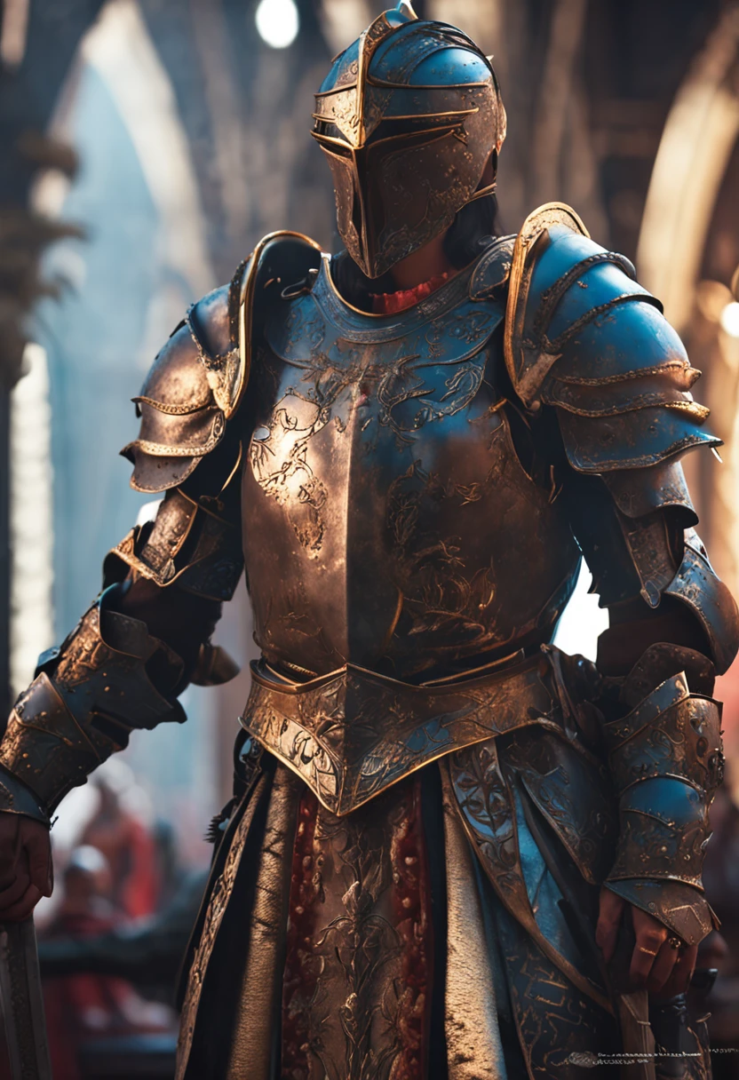 Royal Knights,Gorgeous heavy armor wraps the whole body,Show,femele,Tall and mighty,Point the Knight's Sword to the ground,sportrait,closeup cleavage,Solemn,flatchest,modest,humble,Cinematic, hdr, primitive, Intricate, High quality, Gorgeous shades, Intricate details, super-fine,oc rendered