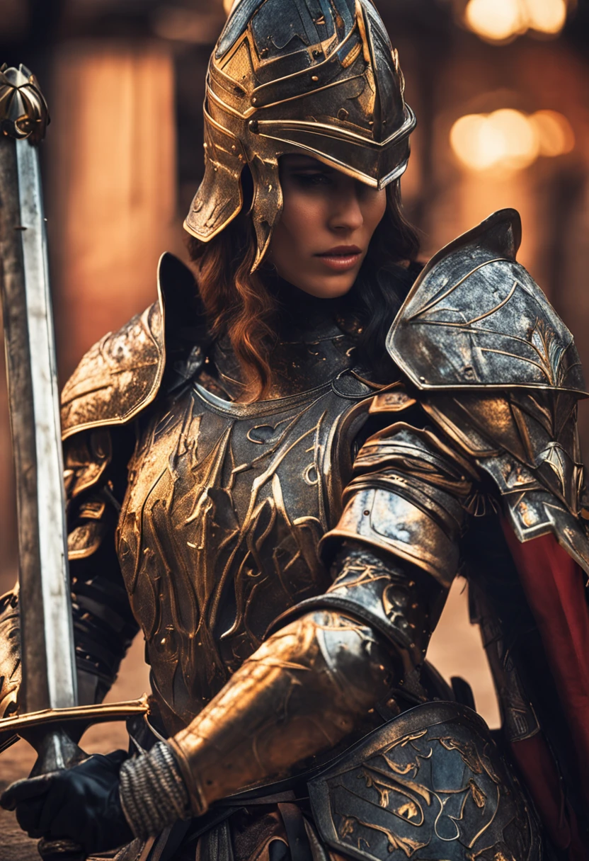 Royal Knights，Gorgeous heavy armor wraps the whole body，Show，femele，Tall and mighty，Point the Knight's Sword to the ground，sportrait，closeup cleavage，Solemn，flatchest，modest，humble，Cinematic, hdr, primitive, Intricate, High quality, Gorgeous shades, Intricate details, super-fine，oc rendered