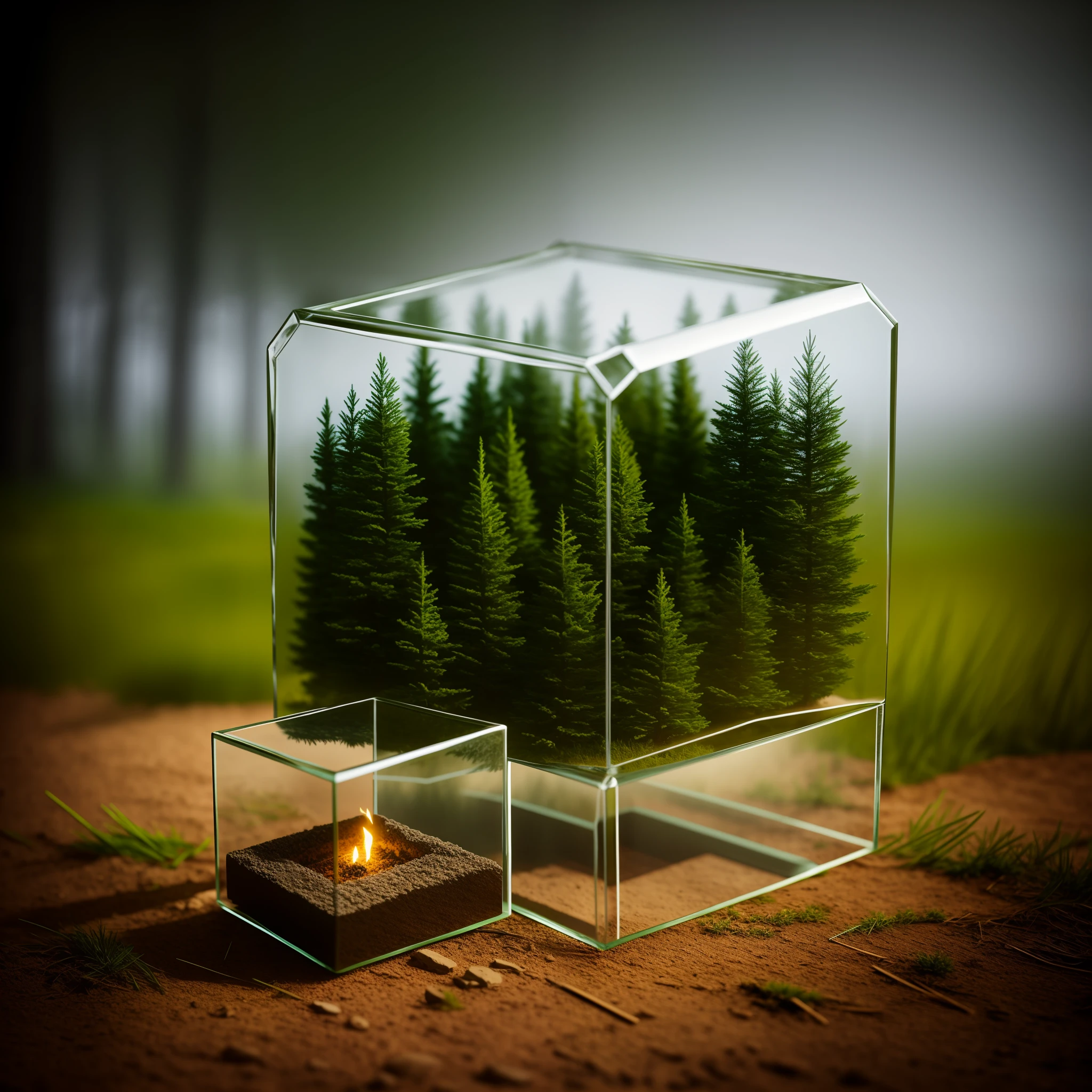 A glass cube，There is a micropine forest inside , Realistic pine trees and grass, Soft light warm gray background, (Fog in the forest:0.2), Slate atmosphere, Cinematic, darkened with color, dark shot, pastel colour, film grainy, lute, Spooky
