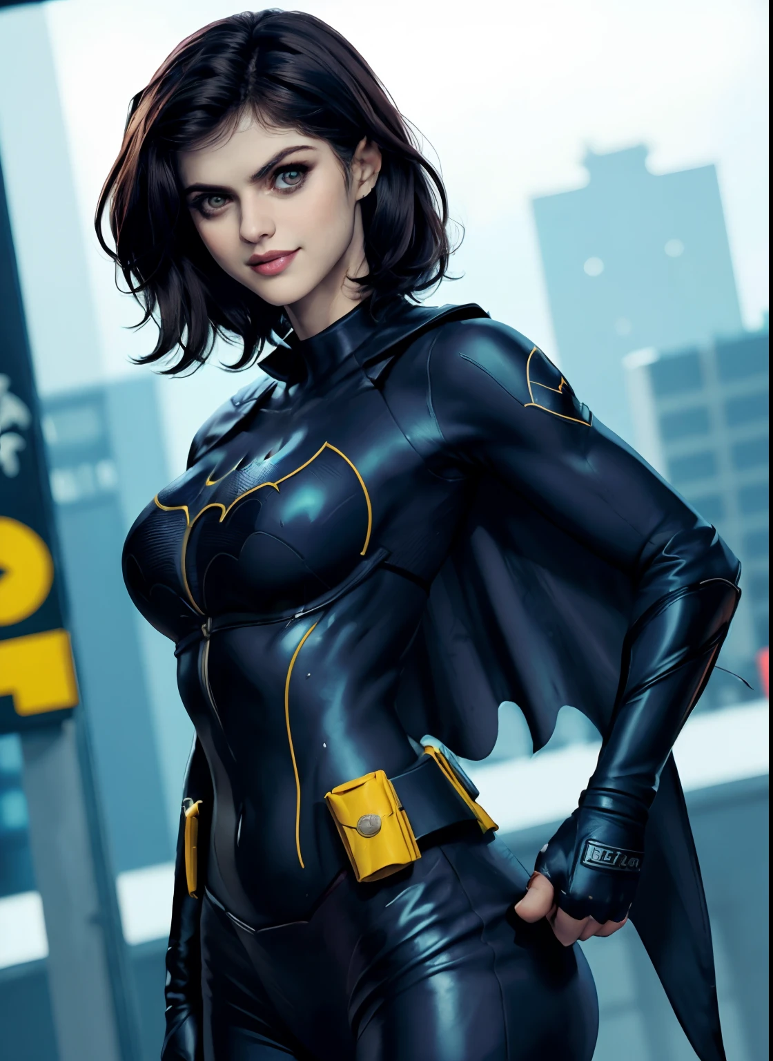 (obra-prima, melhor qualidade), 1girl, solo, Alexandra Daddario, batgirl terno, cabelo preto, olhos castanhos, sorriso,
akihabara, dos mortos, noite, de cima, Standing roof, centro de jogos,