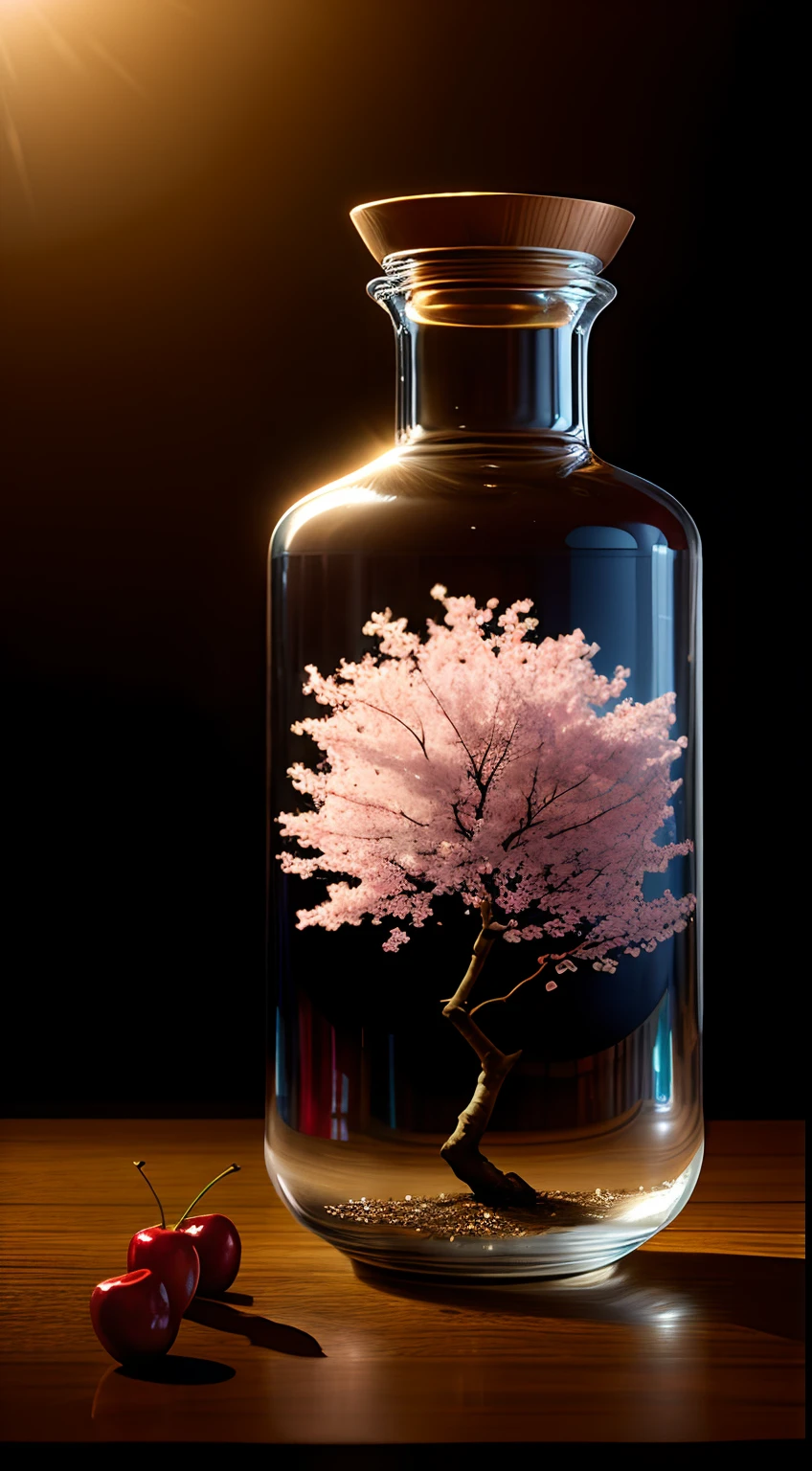 Cherry blossom tree in a bottle, Fluffy, Realistic, Atmospheric light refraction, author:Lee Jeffries Nikon D850 Film Stock Photo 4 Kodaport 400 Camera F1.6 photos Rich colors Ultra-realistic textures Dramatic lighting Unreal Engine trends Art Station Movie Still 800, Style-Glass