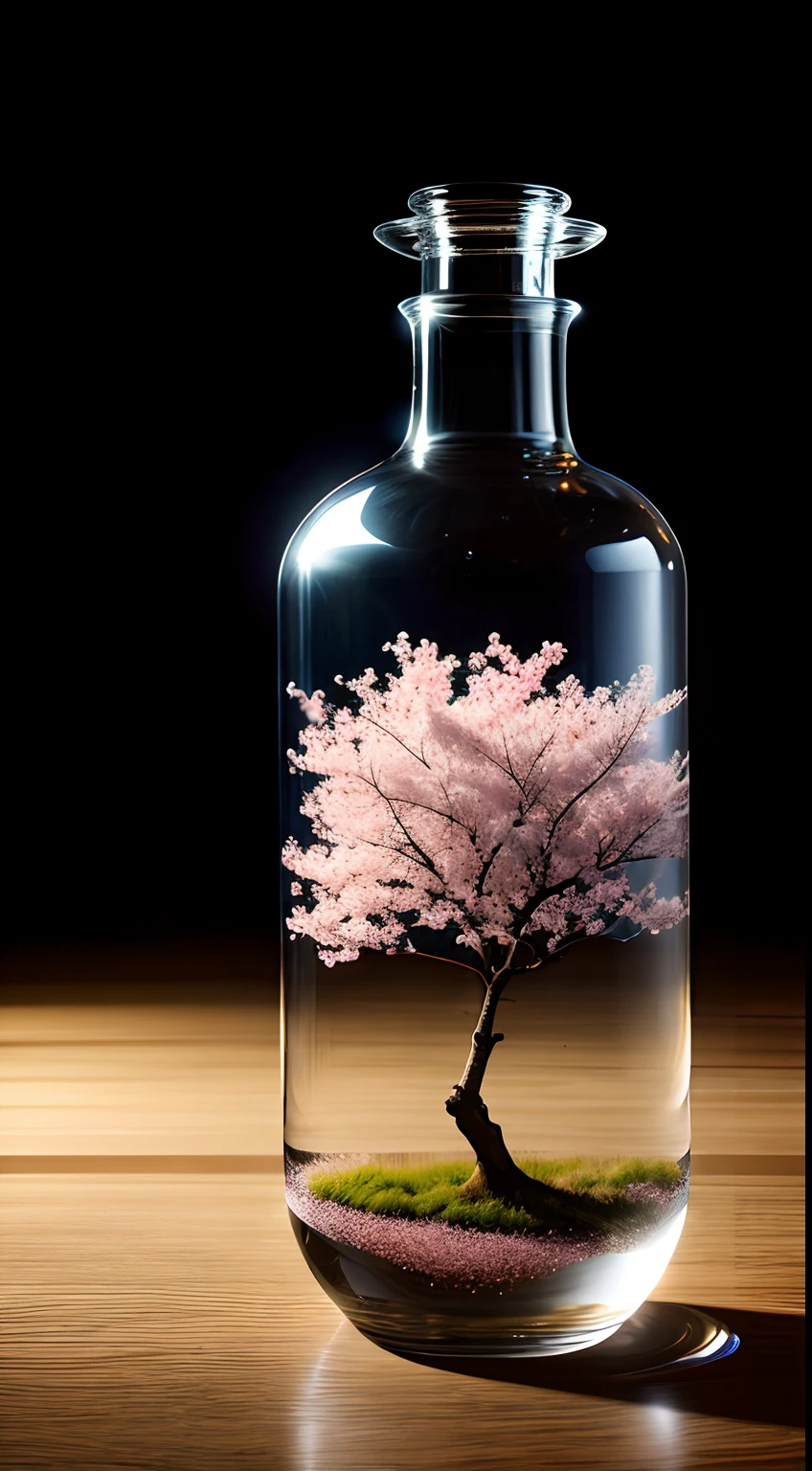 Cherry blossom tree in a bottle, Fluffy, Realistic, Atmospheric light refraction, author:Lee Jeffries Nikon D850 Film Stock Photo 4 Kodaport 400 Camera F1.6 photos Rich colors Ultra-realistic textures Dramatic lighting Unreal Engine trends Art Station Movie Still 800, Style-Glass