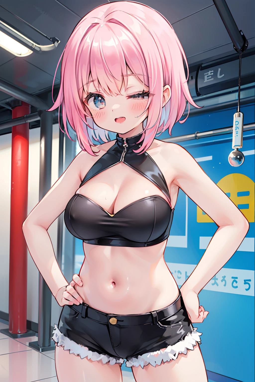 (NSFW:0.9), Solo, girl with, bright pink hair, shiny hair, Long hair, Quirk hair, Intake of large amounts of hair, (shiny eyes:1.5), Blue eyes, Sleeveless, off shoulders, (Tube Top:1.5), (Hot Pants:1.5), Laughing, (one eye closed:1.2), (Large breasts:1.2), (under the boobs:1.1), (drooping chest:1.1), (perspired:1.2), (Reddening skin:1.2), (put hands on the hip:1.5), outdoor, (black clothes:1.2),