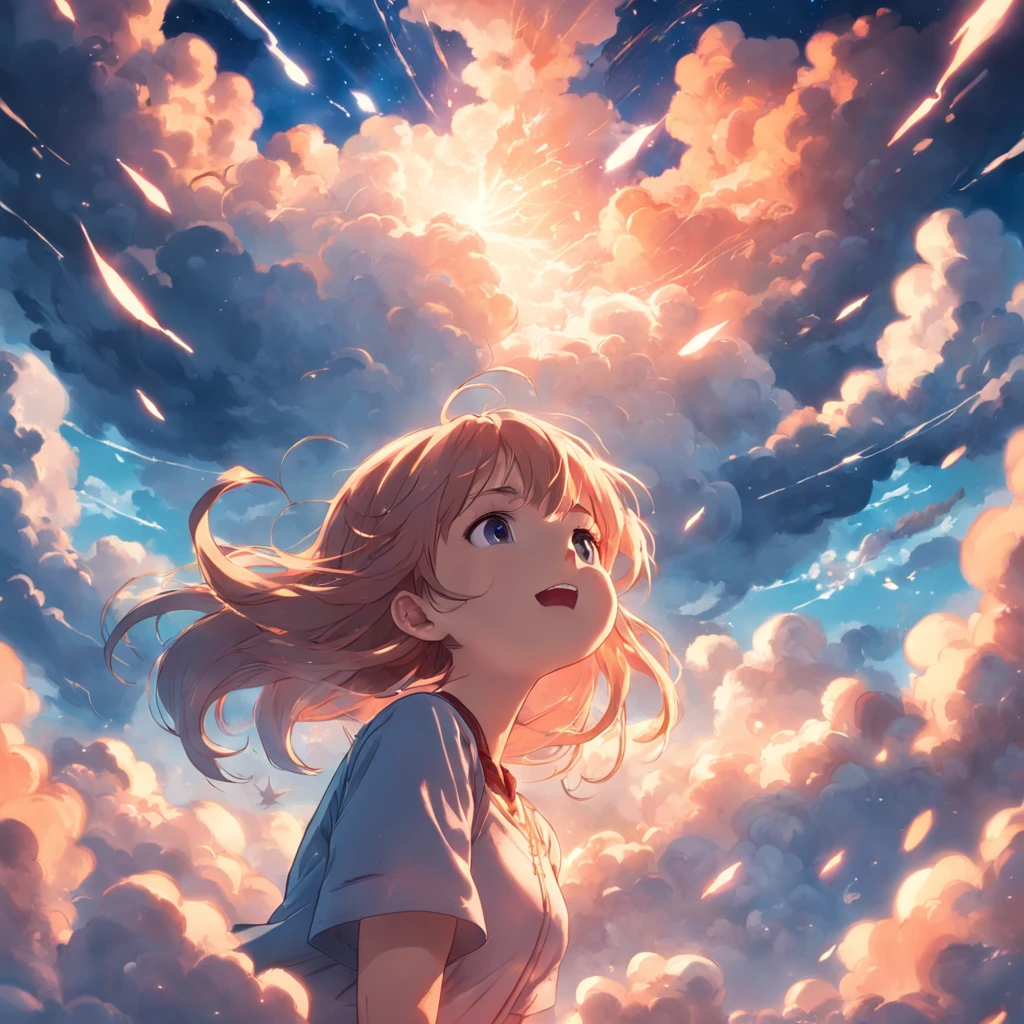 masterpiece, best quality, movie still, 1girl, cloud girl, floating in the sky, close-up, bright, happy, warm soft lighting, sunset, (sparks:0.7)