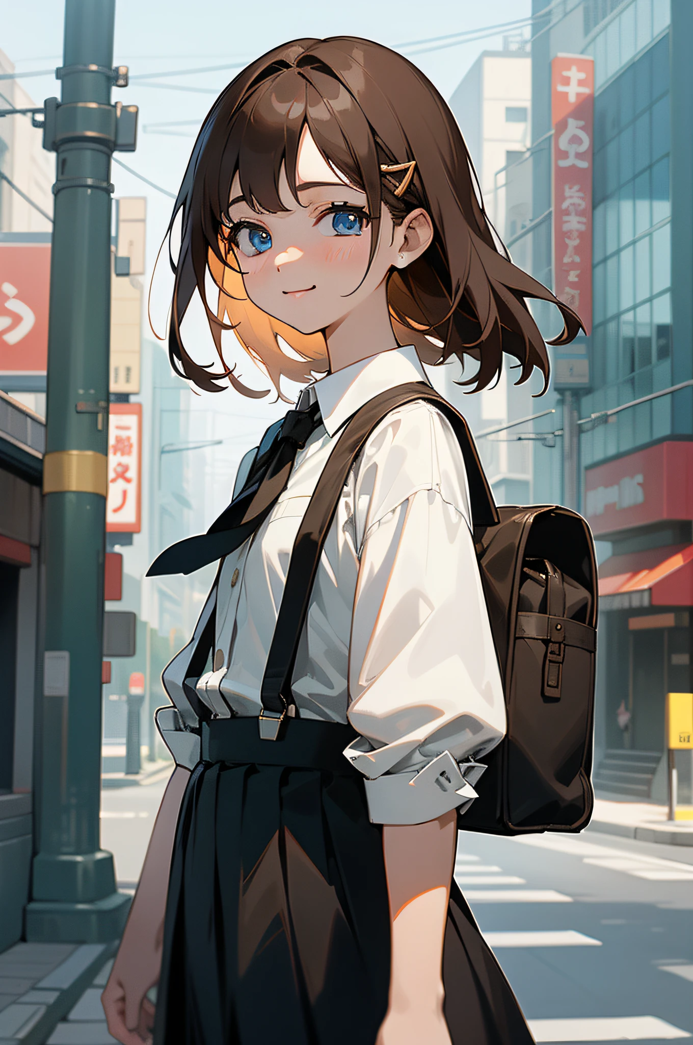 Top quality RAW photos in 32k resolution taken with Canon EOS R3, frombelow:1.15),(​masterpiece、top-quality),Girl with brown hair in skirt girl:1,Inner Kara,Poshortcut,White Y-shirt,Short Brown Pretz Skirt,Black tie,suspenders,Detailed hair ornaments,1 black school bag,Landscape of the city in the morning,blue eyess,Buildings,tokyo streets,A smile,Refreshing face,