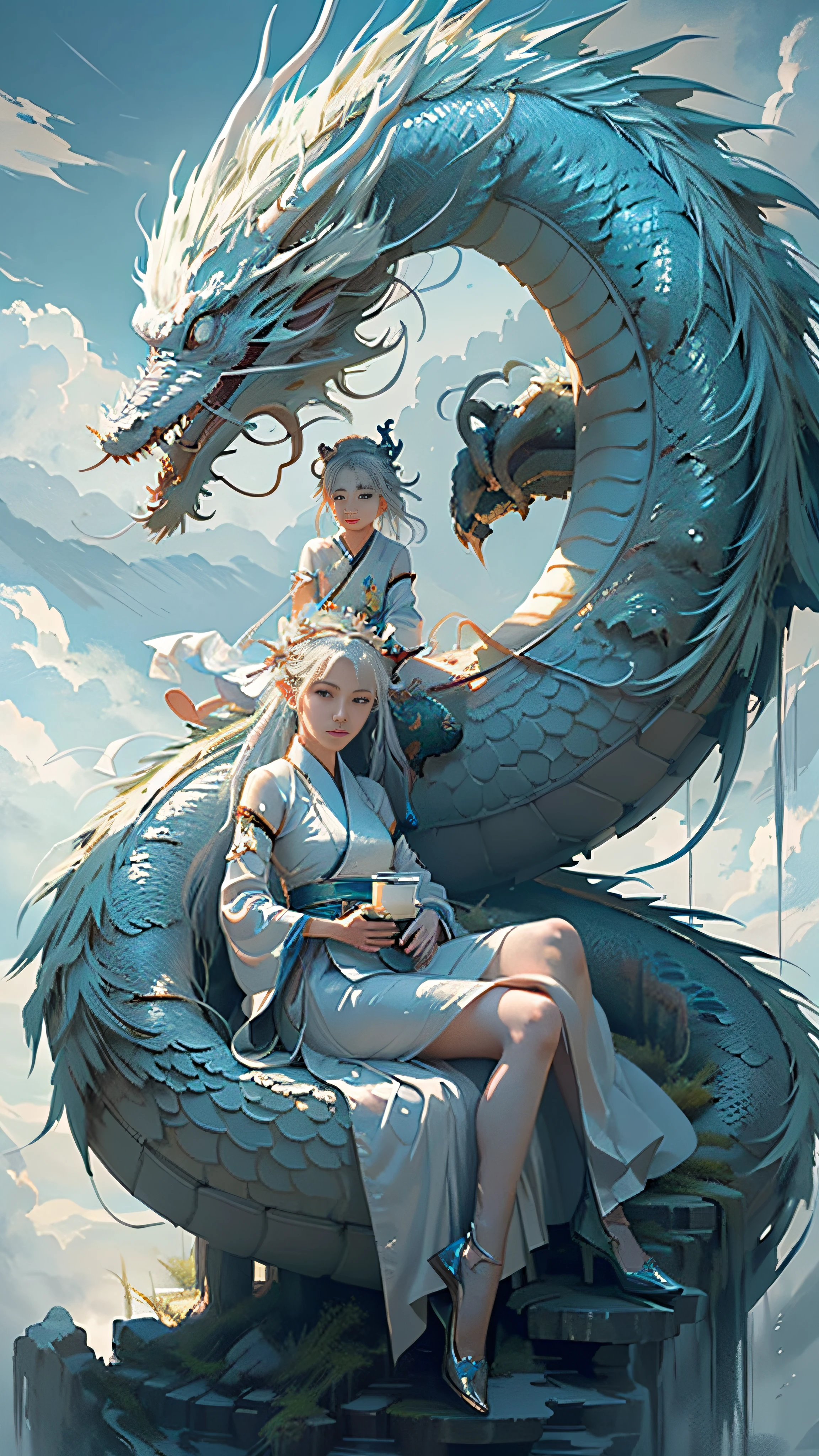 Super beautiful shining eyes、(tmasterpiece,hightquality,best qualtiy,offcial art,Beauty and aesthetics:1.2),epic cinematic,ultra - detailed,hyper realisitc, (1girl in:1.5),(full body Esbian:1.2),(Girl sits on a dragon:1.5),(1dragon:1.5),white hanfu,(White Dragon:1.1),dynamicposes,looking at viewert,(in a cloud:1.4),(Thick cloud cover:1.1),White clouds around,Auspicious clouds,Attractive coloring,theatrical lighting,Rim Lights,(Depth of field of view:1.2)