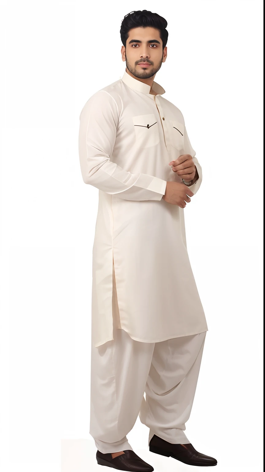 a man in a white shirt and pants posing for a picture, wearing a kurta, traditional clothing, dressed thobe, traditional clothes, wearing a silk kurta, beige, full length view, light cream and white colors, linen, full-length view, full - length view, traditional, white uniform, dressed in a jodhpuri suit, wear's beige shirt